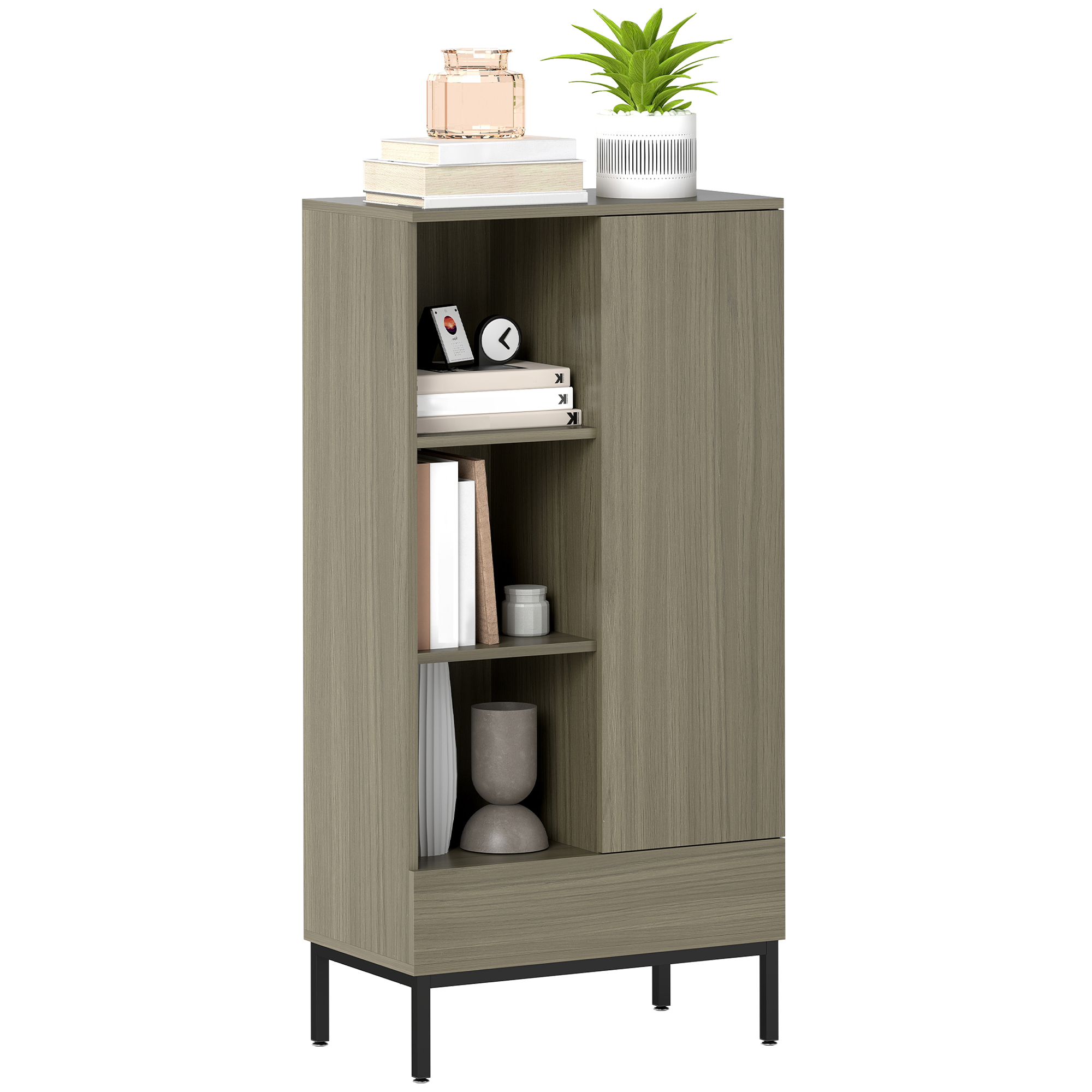 HOMCOM Kommode 1 Tür Moderne Kommode für Wohnzimmer mit Schublade Verstellbarem Regal und 3 offenen Fächern für Esszimmer Flur Schlafzimmer 60x34x121 cm Natur Aosom