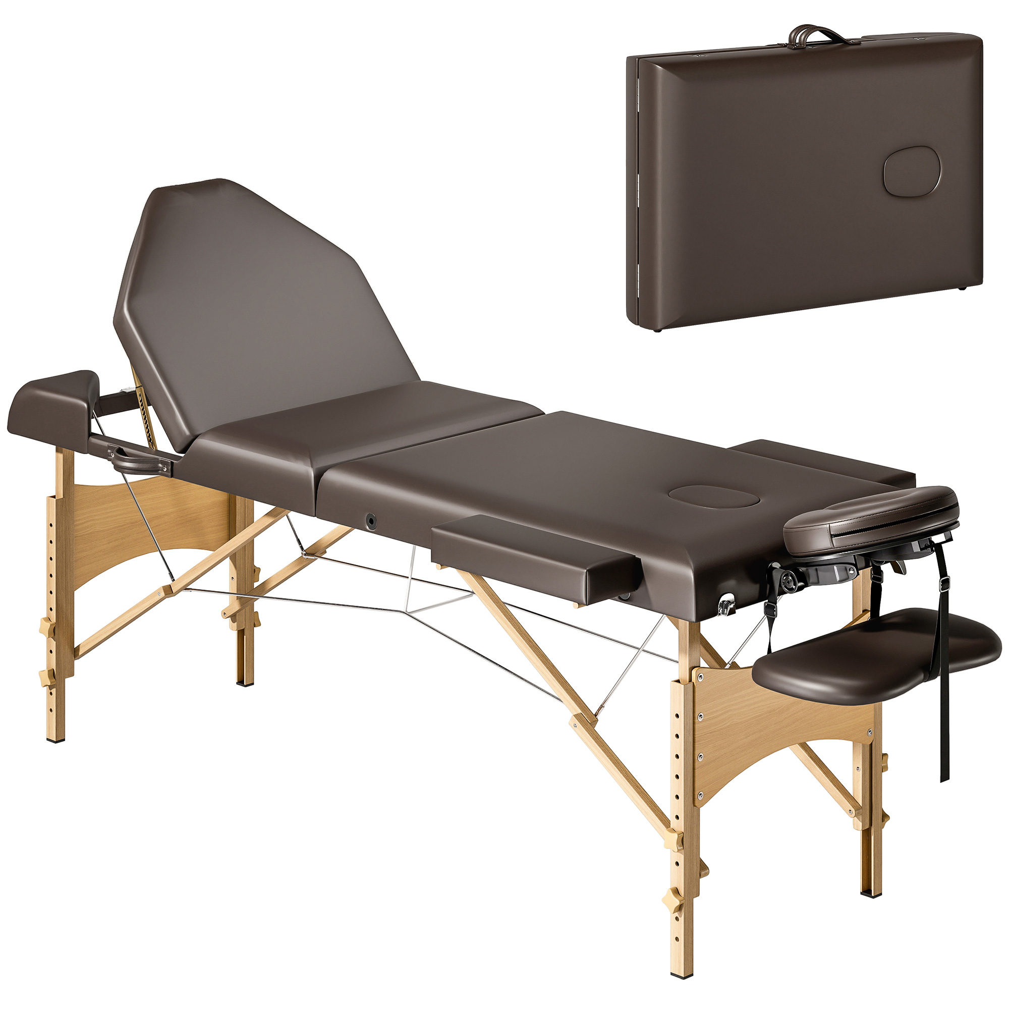 HOMCOM Massagebett Klappbar Tragbar Professionelle Ästhetikliege 3-Zonen-Holz Verstellbare Höhe Kopfstütze Armlehnen für Spa Wimpern Tattoo 215x60x64-89 cm Dunkelbraun Aosom