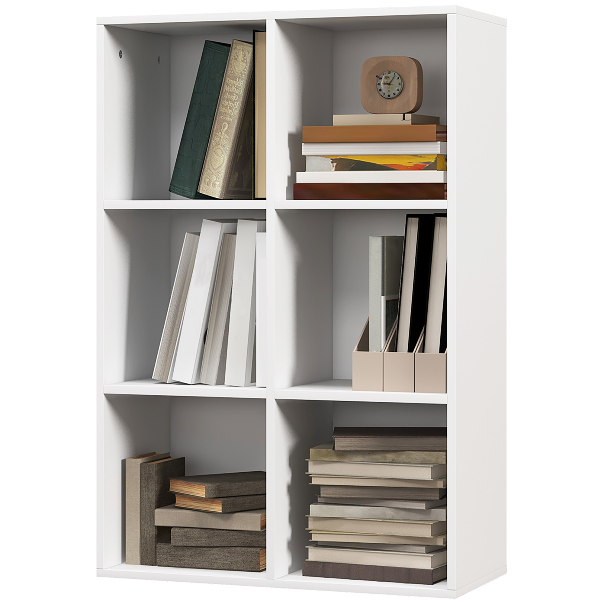 HOMCOM Würfelregal mit 6 Fächern, Platzsparendes Regal aus Holz, Raumteiler für Wohnzimmer, Schlafzimmer und Büro, 65,5x30x97,5 cm, Weiß Aosom