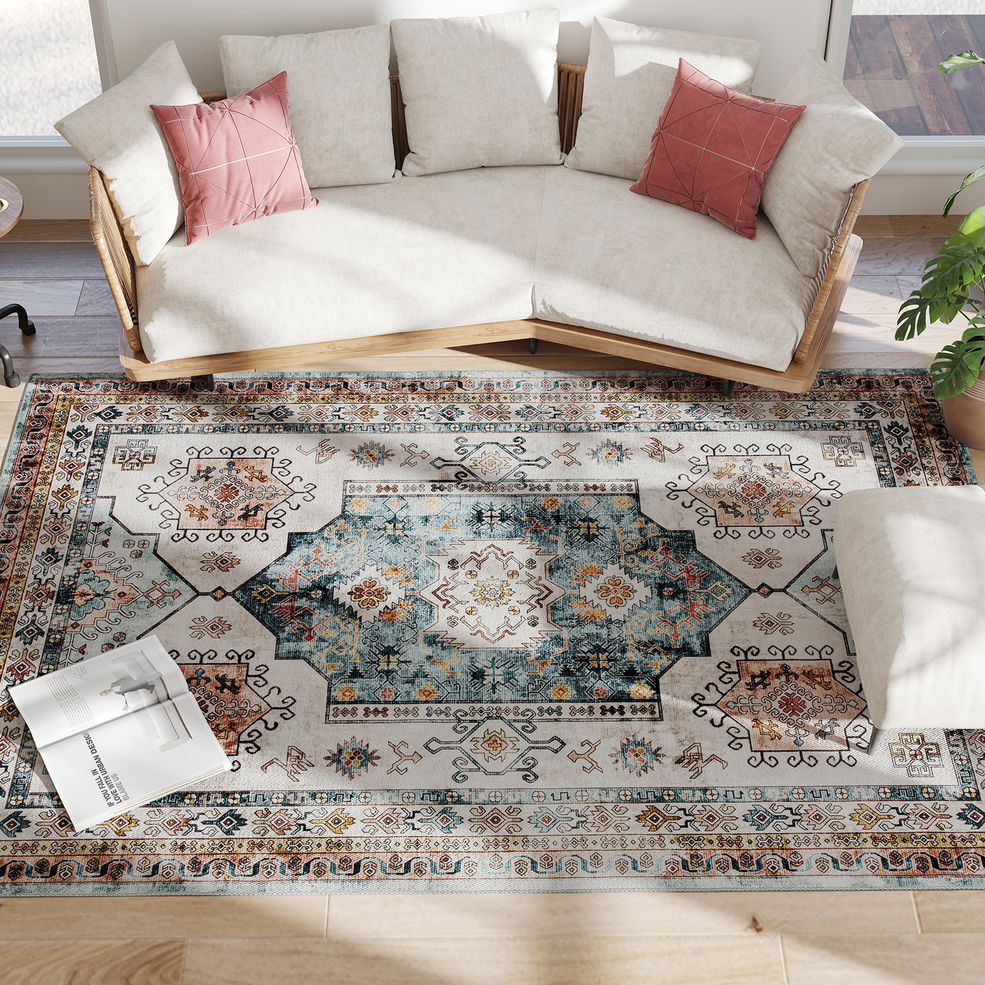 HOMCOM Vintage Teppich Rutschfest und Waschbar, Kurzflor Teppich für Wohnzimmer und Schlafzimmer, 230x160 cm, Multicolor   Aosom