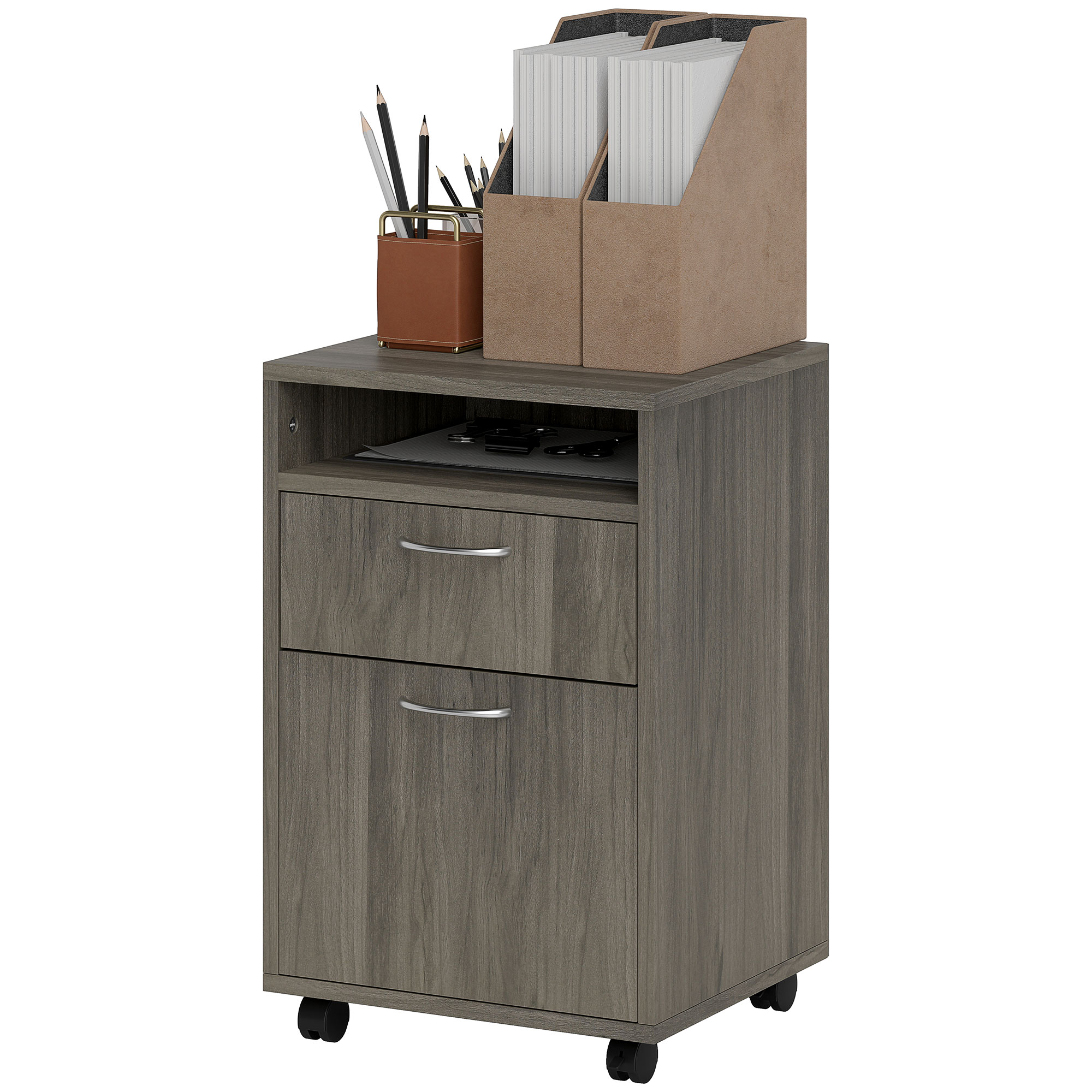 HOMCOM Büroschrank mit Schublade, Schrank, Bremsrollen und offener Ablage, Büroschrank für A4, Vertikaler Schrank für das Büro, 40x35x60 cm, Grau Aosom