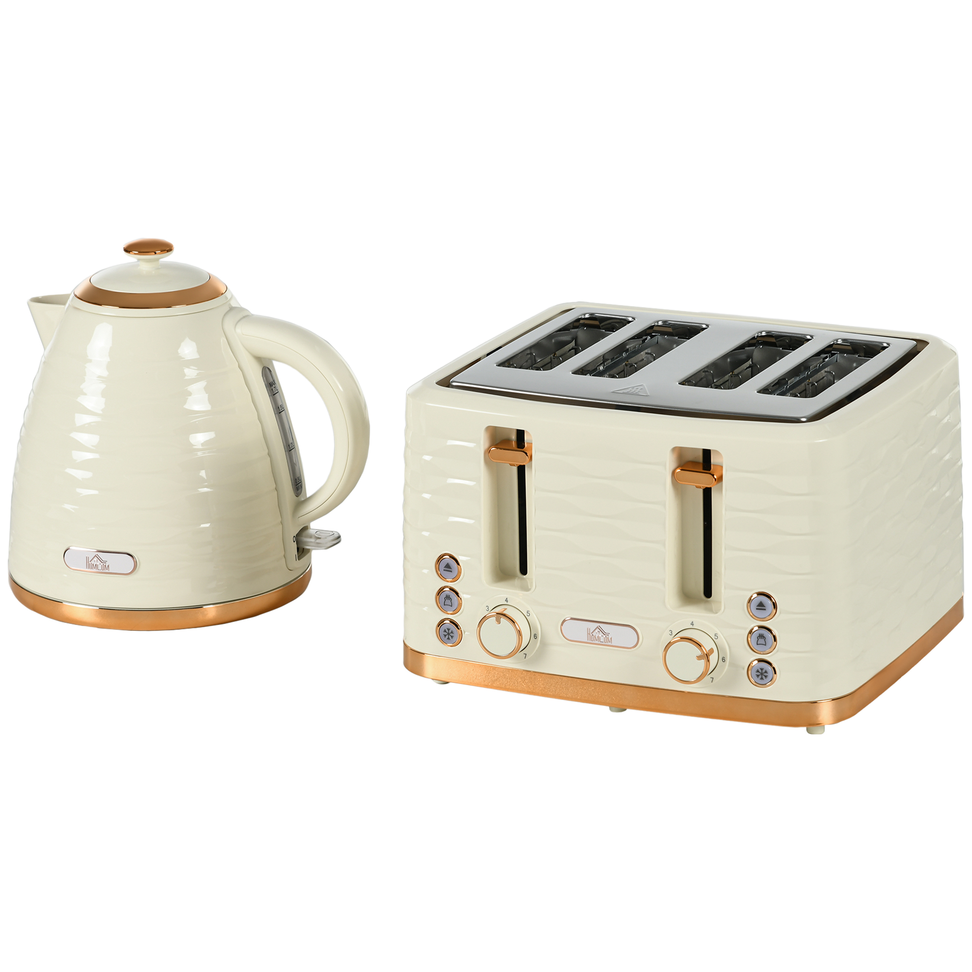 HOMCOM Wasserkocher Toaster Set Frühstück-Set mit 1,7L Wasserkocher, 4 Scheiben Toaster, 2200 W, 7 Bräunungsstufen, Auftauen, Aufwärmen und Krümelfach, Otter Thermostat, Beige   Aosom