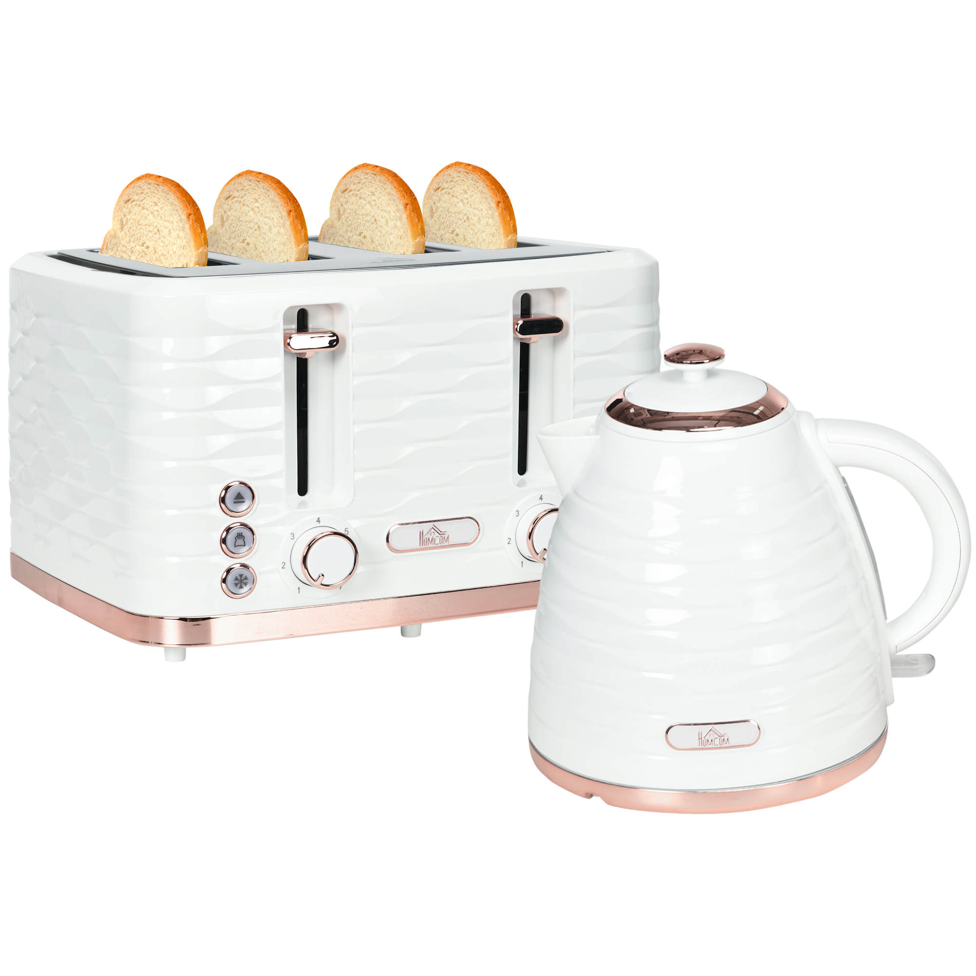 HOMCOM Wasserkocher Toaster Set Frühstück-Set mit 1,7L Wasserkocher, 4 Scheiben Toaster, 2200 W, 7 Bräunungsstufen, Auftauen, Aufwärmen und Krümelfach, Otter Thermostat, Cremeweiß   Aosom