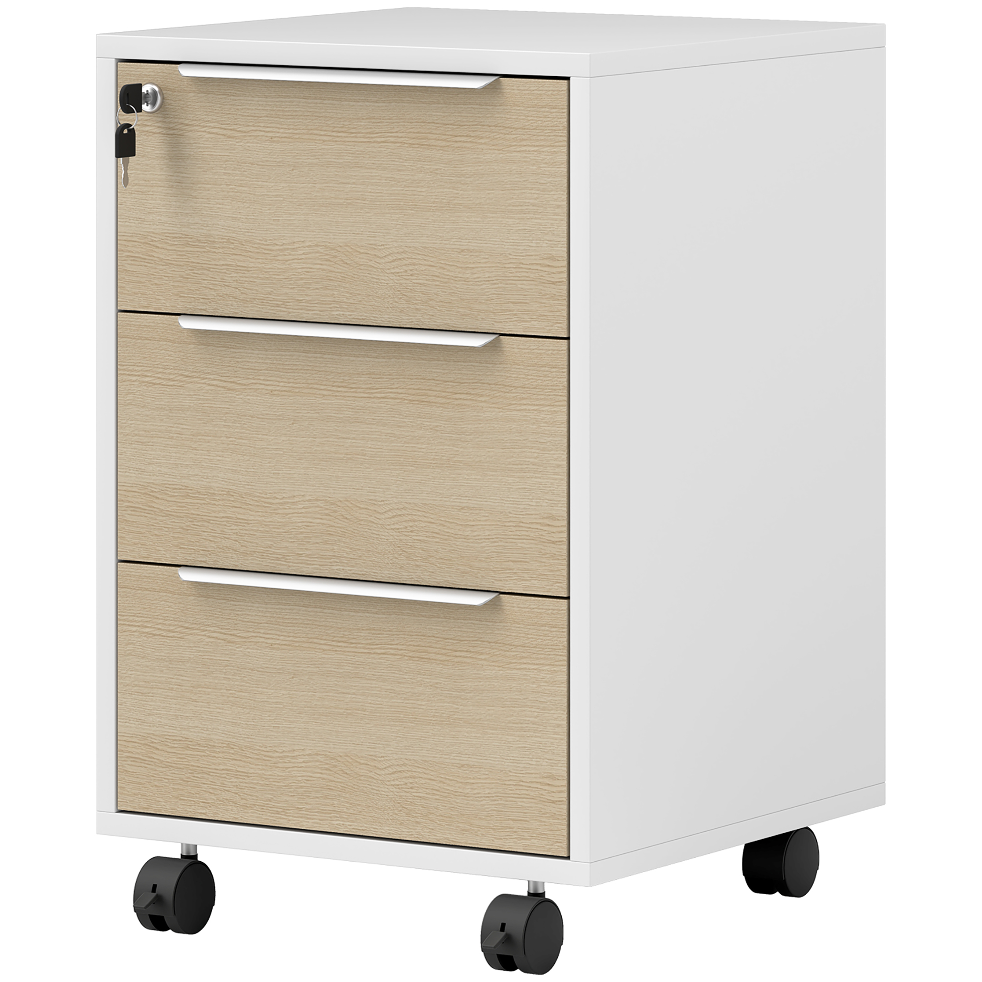 HOMCOM Bürocontainer mit 3 Schubladen und Schloss, Büromöbel auf Rollen für Dokumente und Drucker, kompakter Aufbewahrungscontainer für Büro- oder Schlafzimmerarbeit, 40x40x63,5cm, Eiche   Aosom
