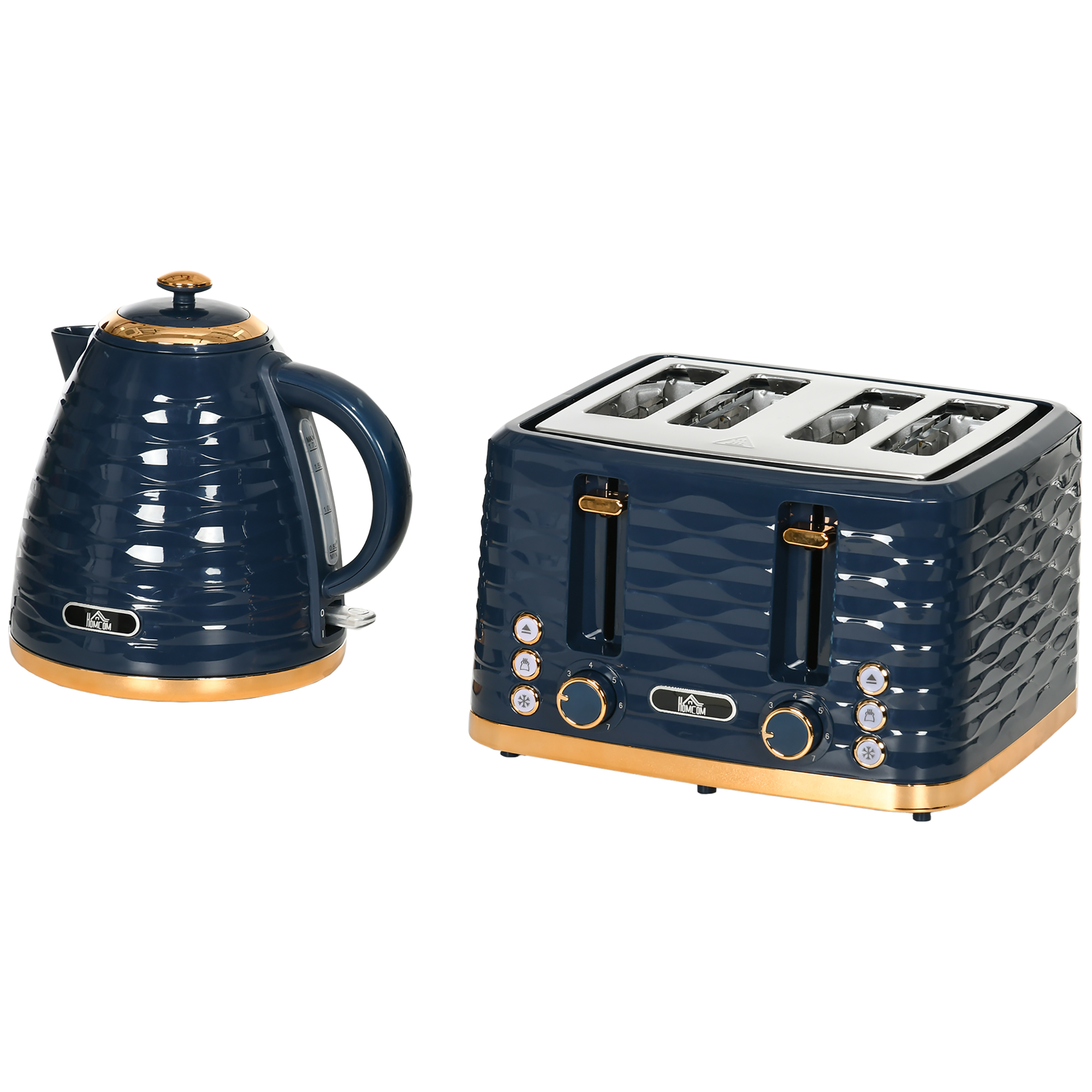 HOMCOM Wasserkocher Toaster Set Frühstück-Set mit 1,7L Wasserkocher, 4 Scheiben Toaster, 2200 W, 7 Bräunungsstufen, Auftauen, Aufwärmen und Krümelfach, Otter Thermostat, Blau   Aosom