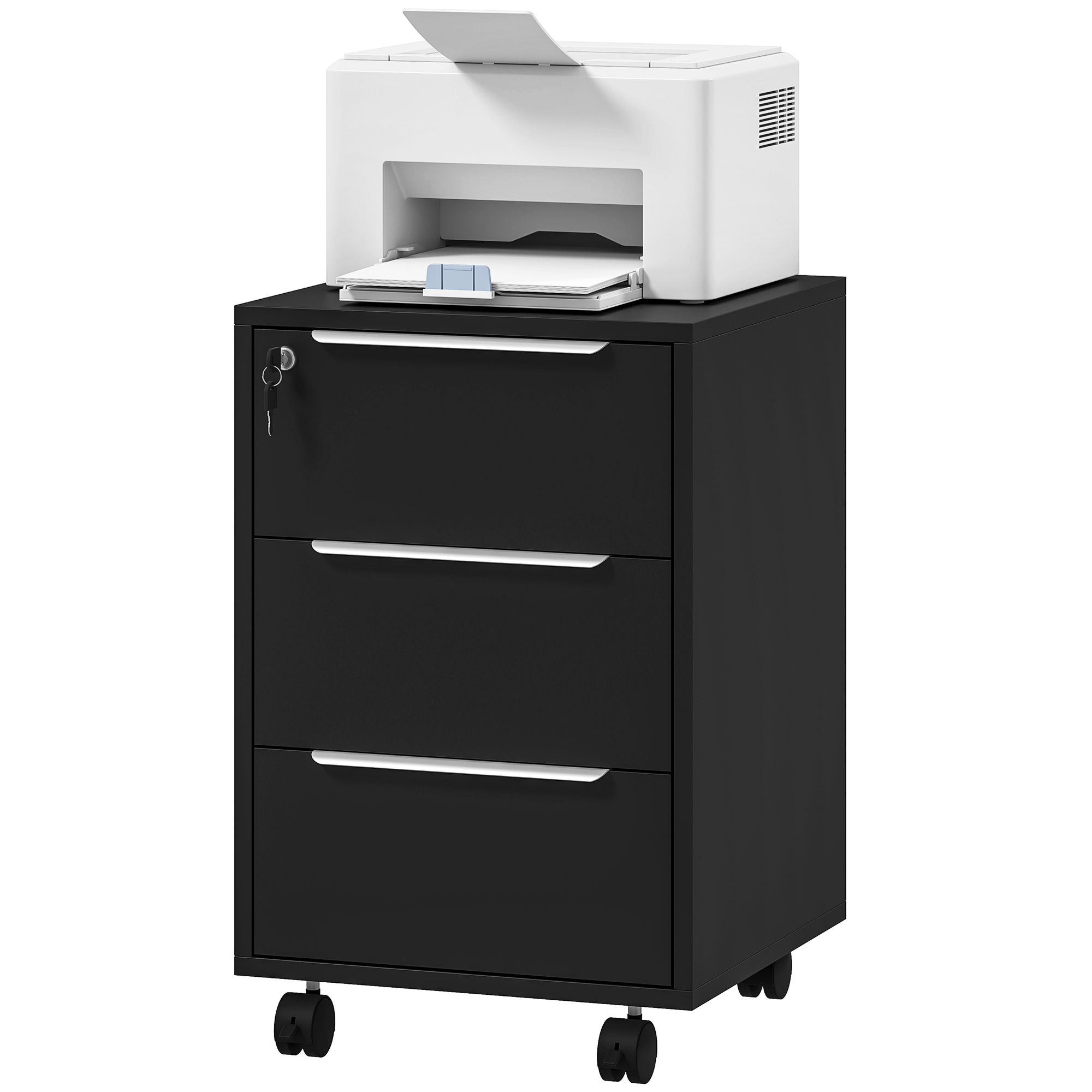 HOMCOM Bürocontainer mit 3 Schubladen und Schloss, Rollcontainer für Dokumente und Drucker, kompakter Aufbewahrungscontainer für Arbeit oder Schlafzimmer, 40x40x63,5cm, Schwarz Aosom