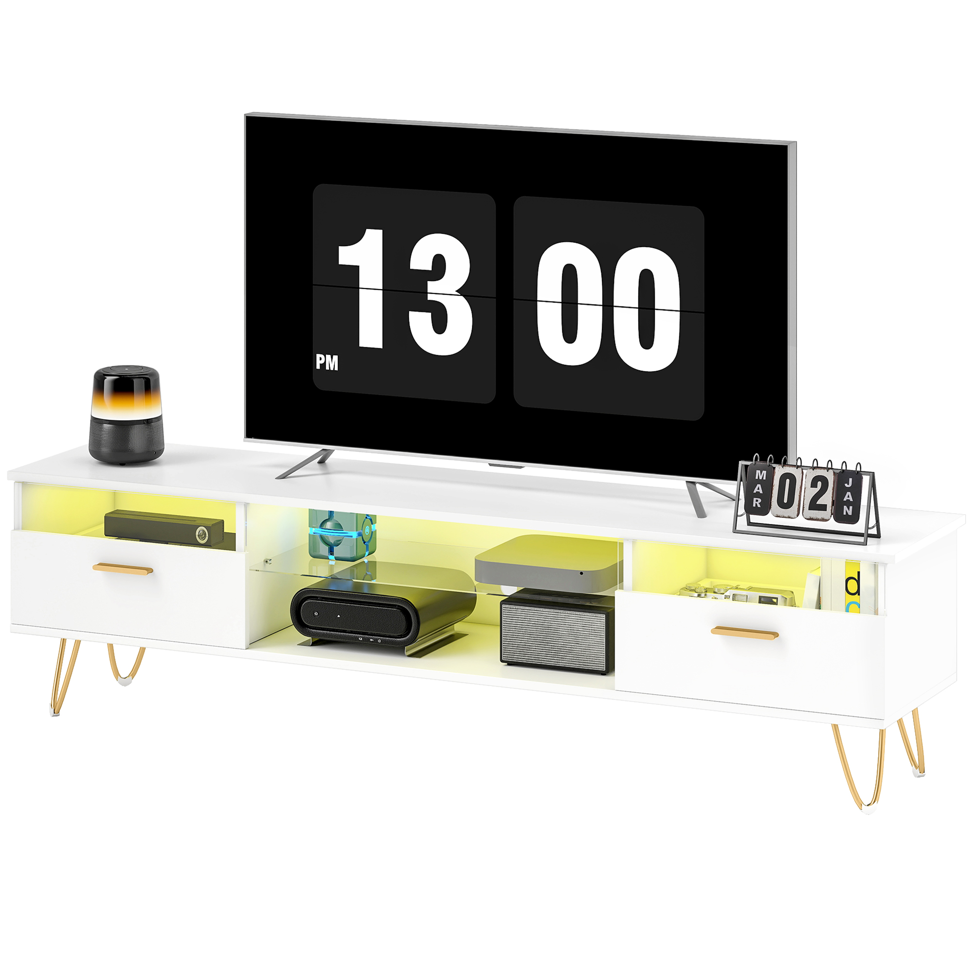 HOMCOM TV-Möbel mit 16 Farben LED RGB-Beleuchtung TV-Ständer für Fernseher von 42 bis 120 Zoll mit 2 Schubladen und offenem Regal, moderner TV-Bank für Wohnzimmer Schlafzimmer, 160x35x42cm, weiß   Aosom