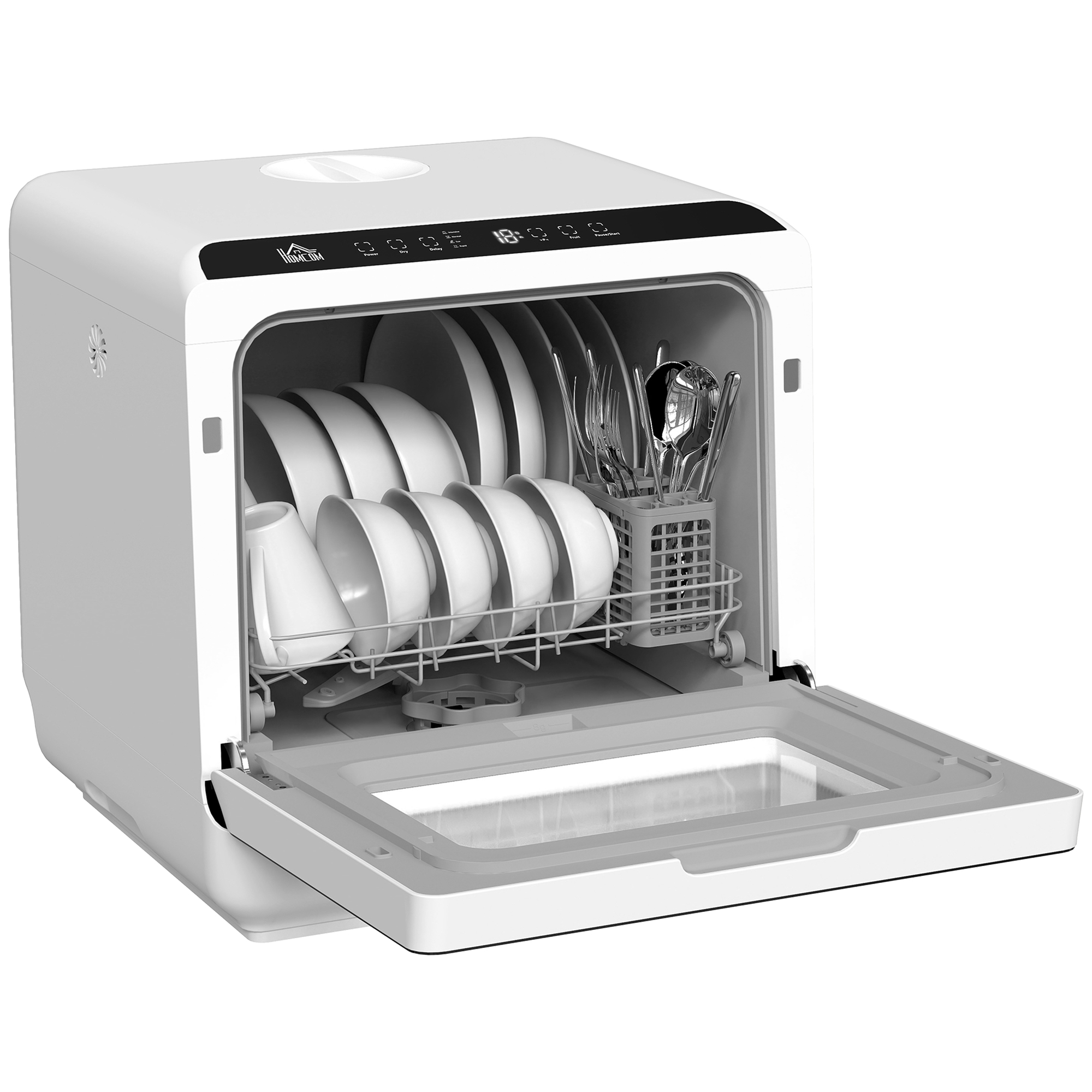 HOMCOM Mini Geschirrspüler Freistehend Tischgeschirrspüler mit 4 Maßgedecke 5 Programmen Trocken Funktion 6L Wassertank Touch Control LED Anzeige Spülmaschine mit/ohne Wasseranschluss für Camping Weiß   Aosom