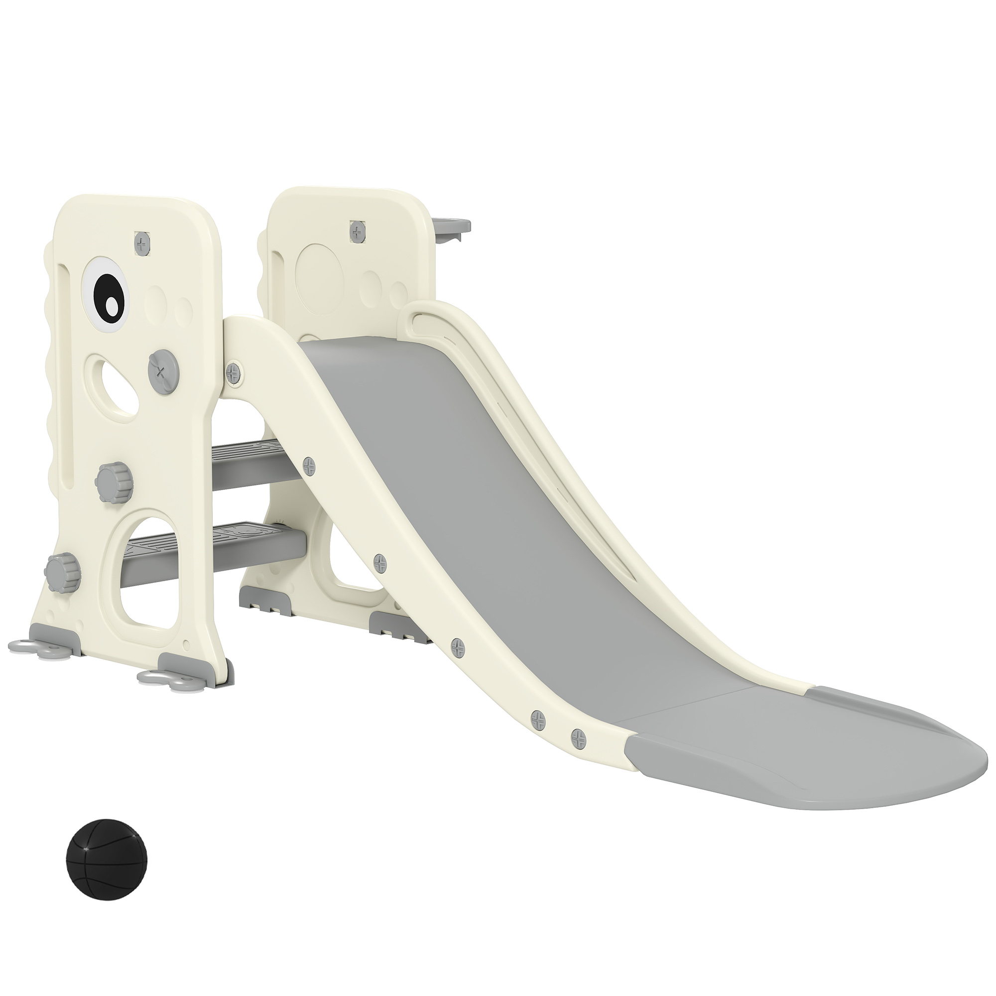 AIYAPLAY Kinderrutsche 3 in 1 klappbar Kleinkinderrutsche mit Basketballkorb, Schnallen Rutsche mit Klettergerüst Basketball für Kinder 2-5 Jahre, Indoor, Cremeweiß 146 x 52 x 65 cm   Aosom