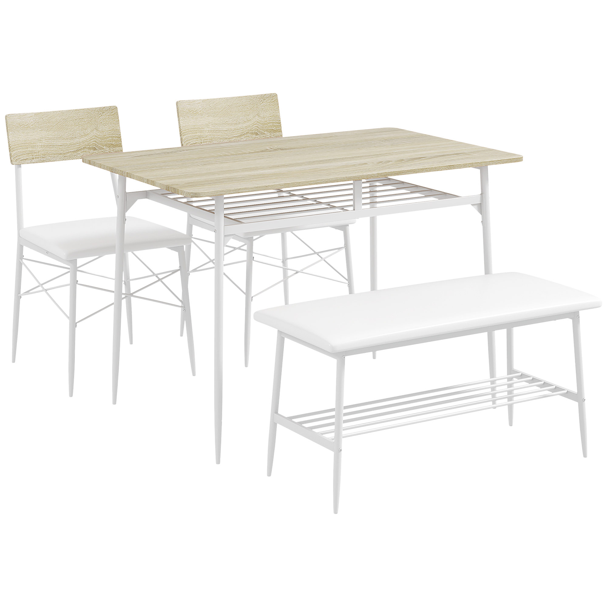 HOMCOM Esstisch mit 2 Stühlen, Bank, Essgruppe 4er-Set, Küchentisch-Set mit Ablage für 4 Personen, Esszimmergruppe für kleine Räume, Küche, Wohnzimmer, Eiche   Aosom