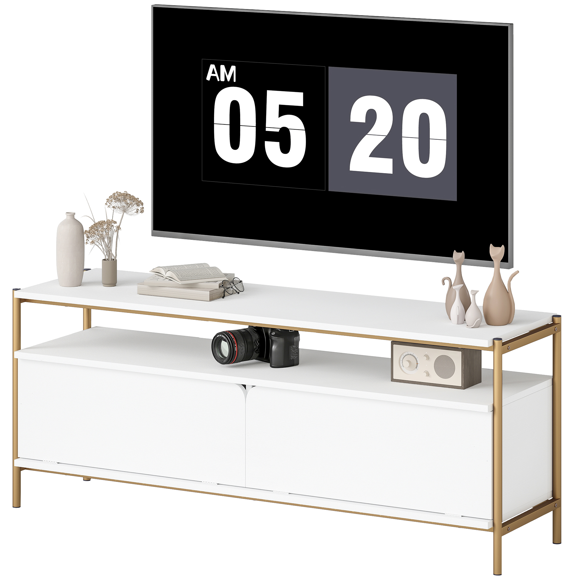 HOMCOM TV-Möbel TV-Rack für Fernseher bis 55 Zoll mit 2 Klappentüren und offenem Regal, Stahlrahmen, modernes TV-Rack für Wohnzimmer Schlafzimmer, 124 x 35 x 50 cm, Weiß Aosom