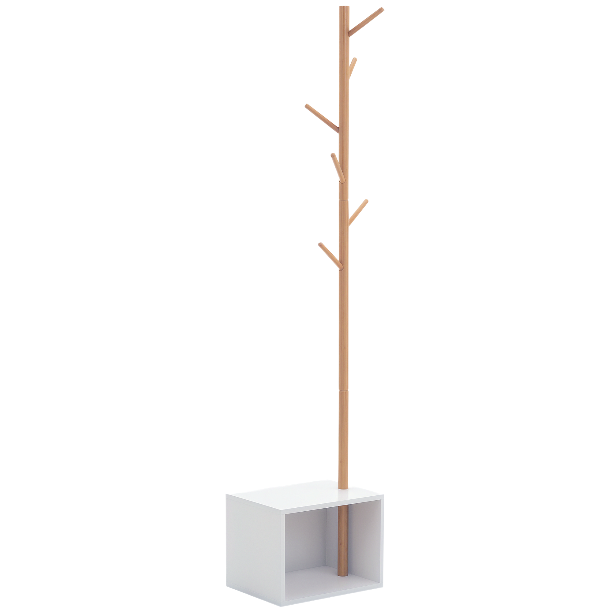 HOMCOM Garderobenständer Kleiderhaken Garderobe mit Sitzbank Stauraum Baum-Design Zweige 6 Haken Bambus Weiß Natur 40 x 30 x 180 cm   Aosom
