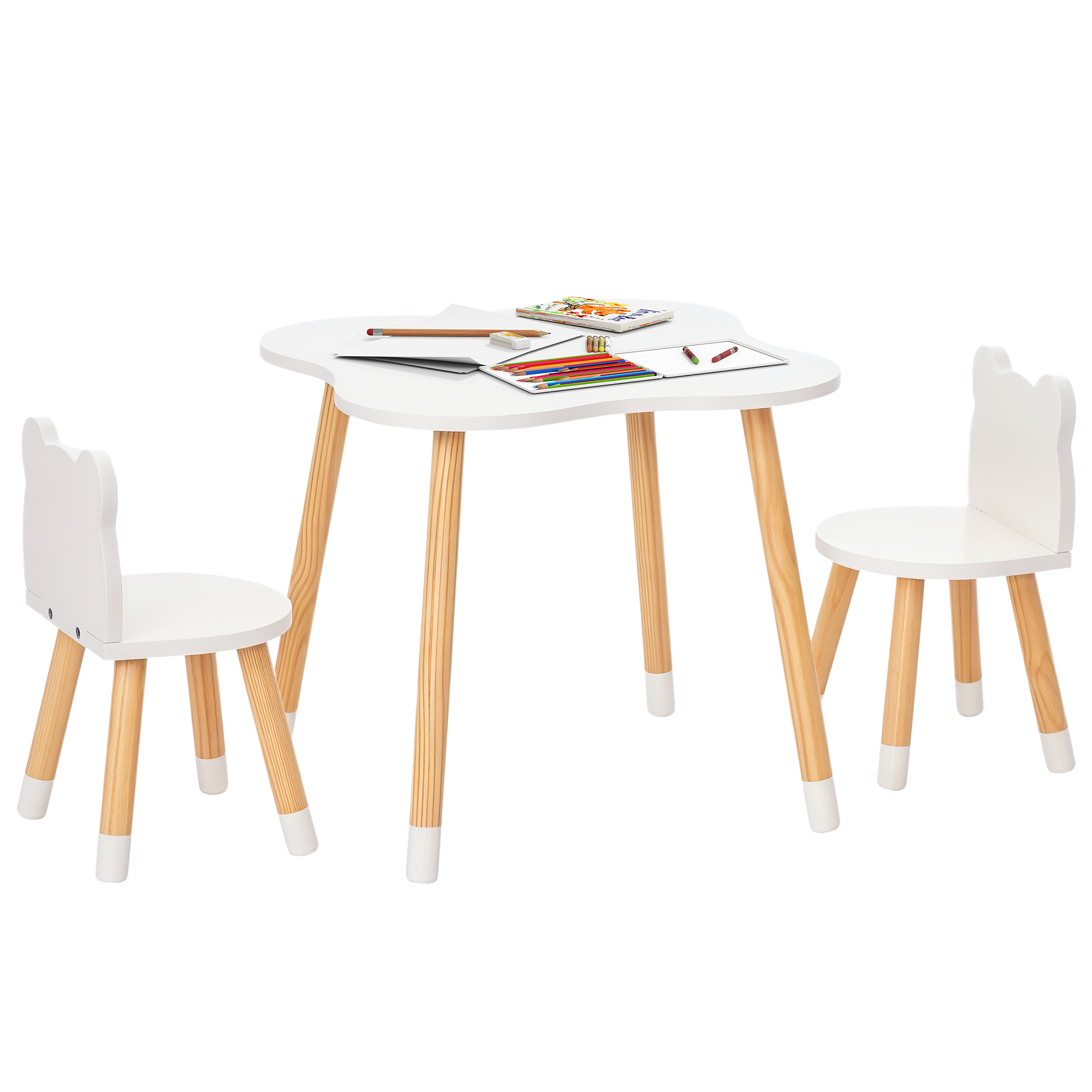 HOMCOM 3-teiliges Kindertisch-Set bogenförmig mit Tisch und 2 Stühlen aus MDF und Kiefernholz in Weiß und Naturholz 56x56x50 cm für Kinderzimmer   Aosom.de