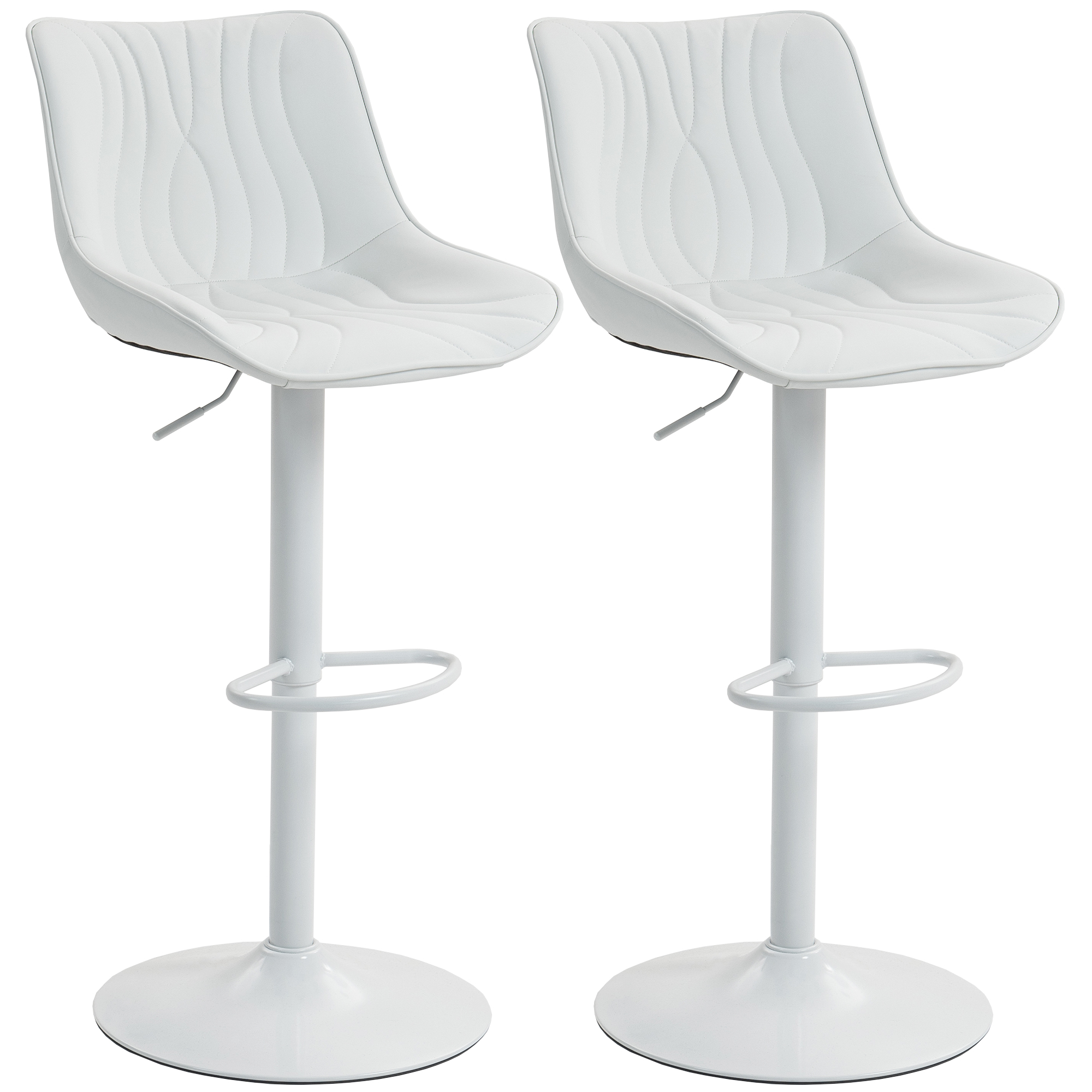 HOMCOM Set von 2 Barhockern Drehbare Hochstühle für die Küche mit verstellbarer Höhe 92-110 cm Rückenlehne Sitz aus Kunstleder Stahlrahmen und Fußstütze für Esszimmer Theke Weiß Aosom