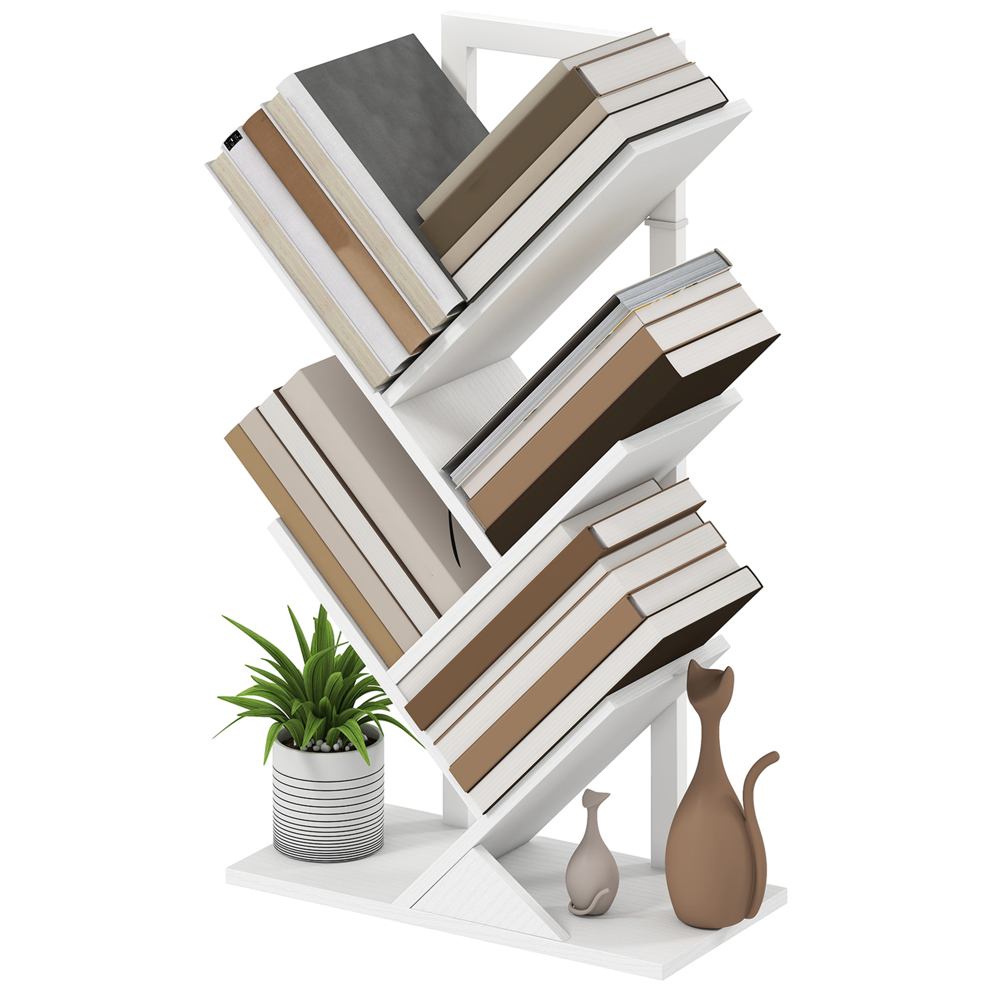 HOMCOM Baumförmiges Bücherregal mit 5 Ebenen Bücherregal mit 5 Regalen und Stahlstruktur für Wohnzimmer Büro Studium Schlafzimmer 50x24x82 cm Weiß   Aosom