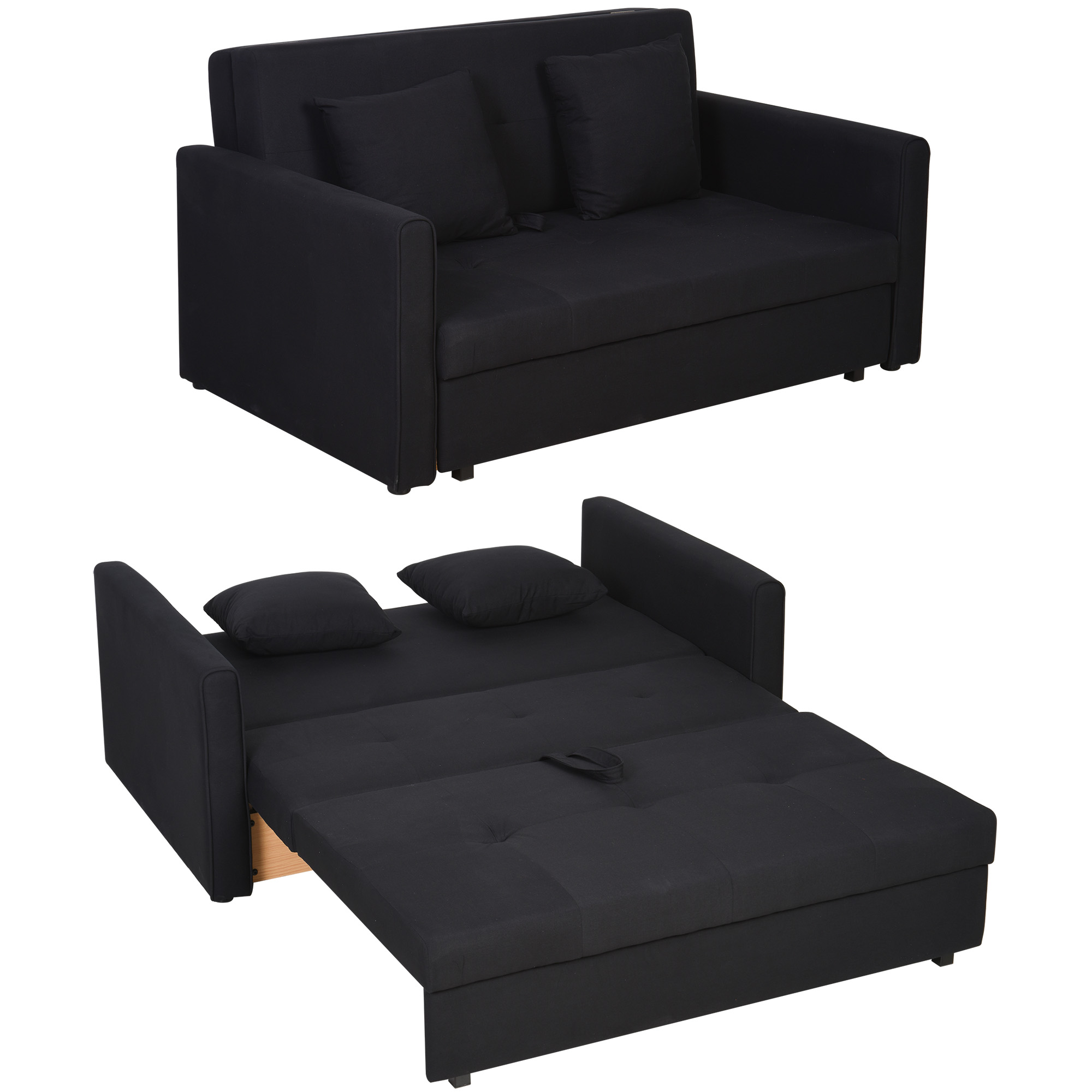 HOMCOM 2-Sitzer Schlafsofa mit Bettfunktion & Stauraum, Rückenkissen, Polycotton, Holz, Kohlegrau, 152x101x81cm  Aosom