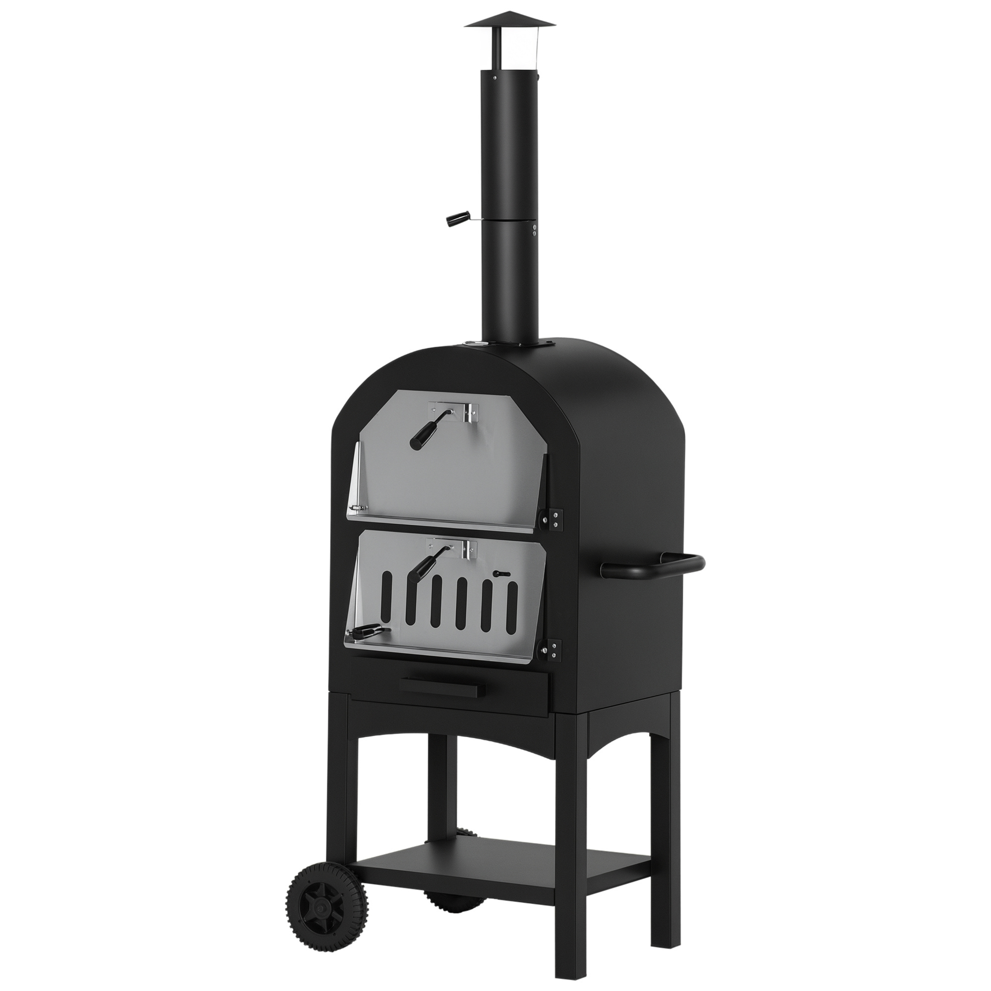 Outsunny Pizzaofen Outdoor 2-In-1  mit Rollen, Grillofen, Schutzhülle, Pizzaschaufel, 2 Grillnetzen, 3-Tier Holzbackofen, 63x54x161cm  Aosom