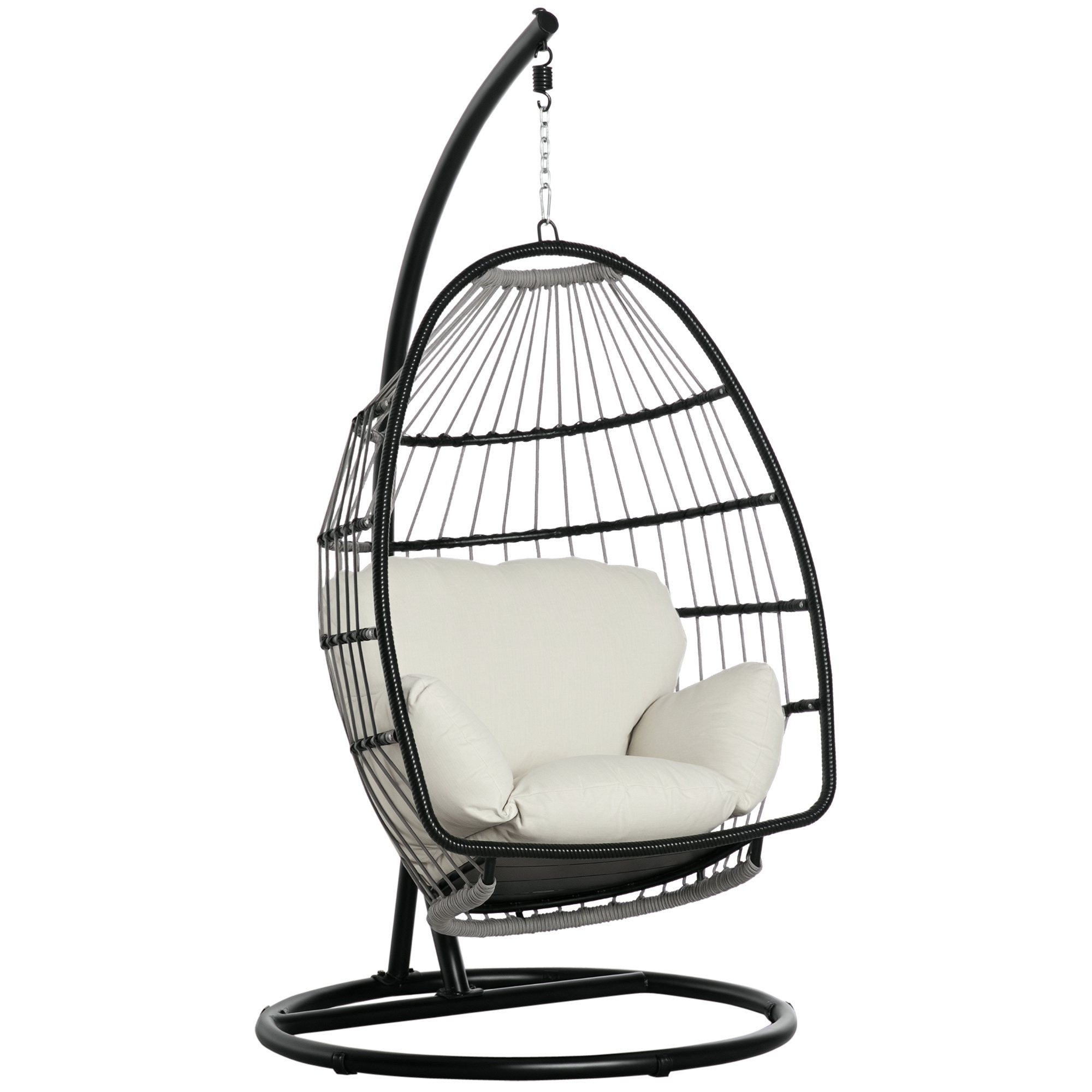 Outsunny Hängesessel Hängekorb mit Gestell Hängeschaukel Hängestuhl mit Kissen Korb faltbar Metall Schwarz+Cremeweiß 101 x 101 x 188 cm Aosom