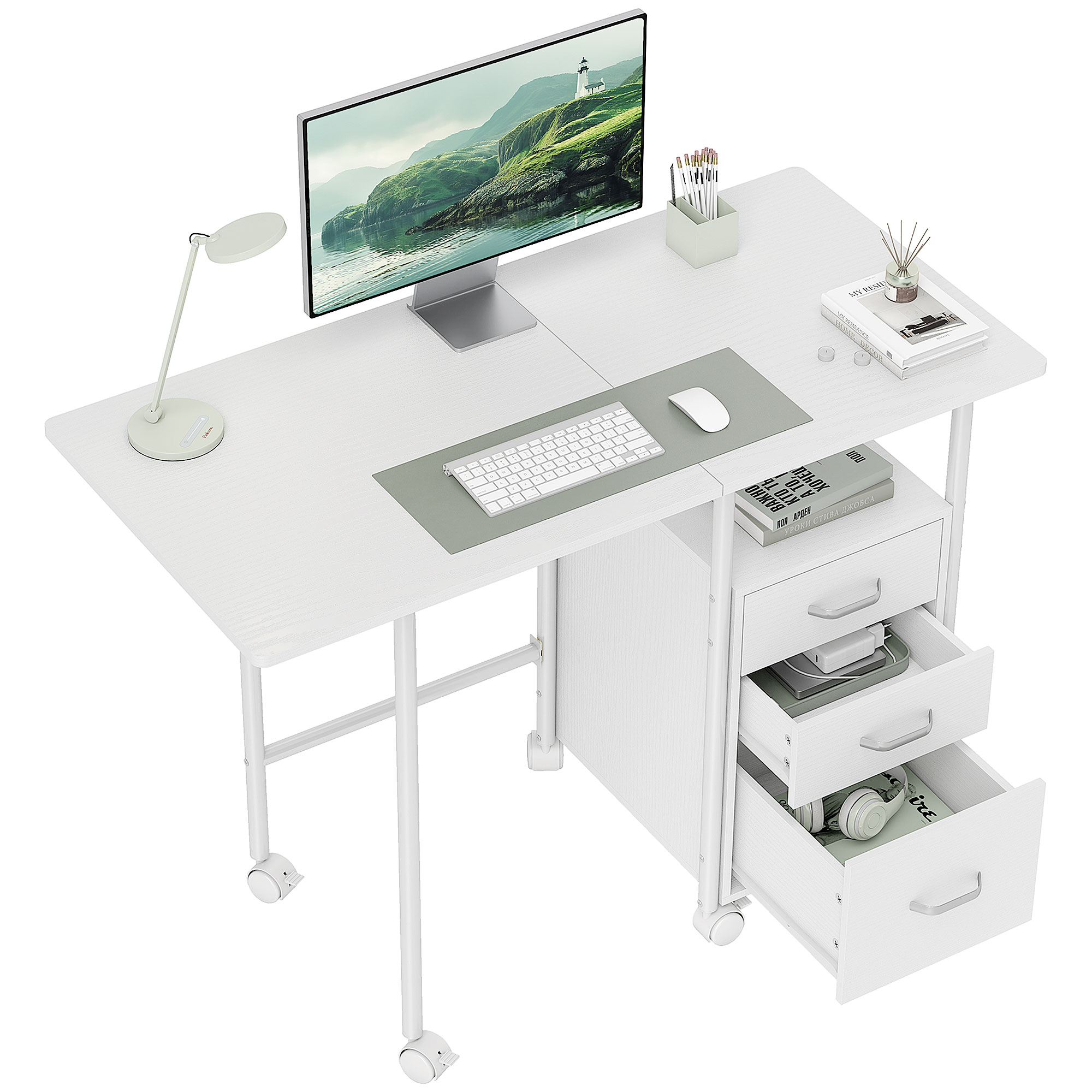 HOMCOM Klappbarer Computertisch mit Rollen, Schreibtisch mit Stauraum, 3 Schubladen, erweiterbare Plattform, Stahlrahmen, 105x51x75,5 cm, für Homeoffice, Schlafzimmer, Studienraum, modernes Weiß   Aosom