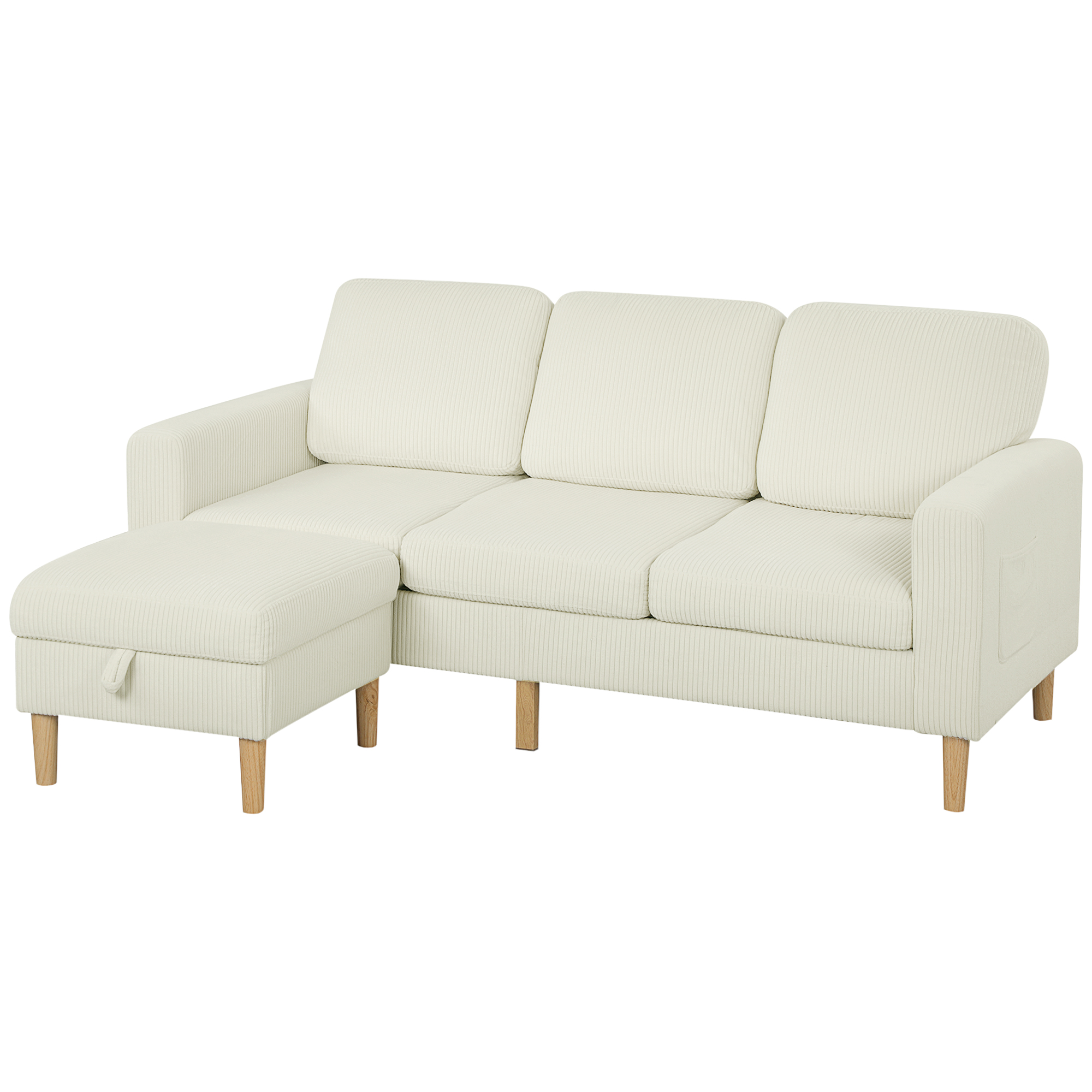 HOMCOM 3-Sitzer-Sofa mit Hocker, Rippenvelours-Sofa 192 cm, modernes Design, Stauraumhocker, Federnkissen, gepolsterte Sitzfläche und Rückenlehne, für Wohnzimmer, Schlafzimmer, Büro, Beige Aosom