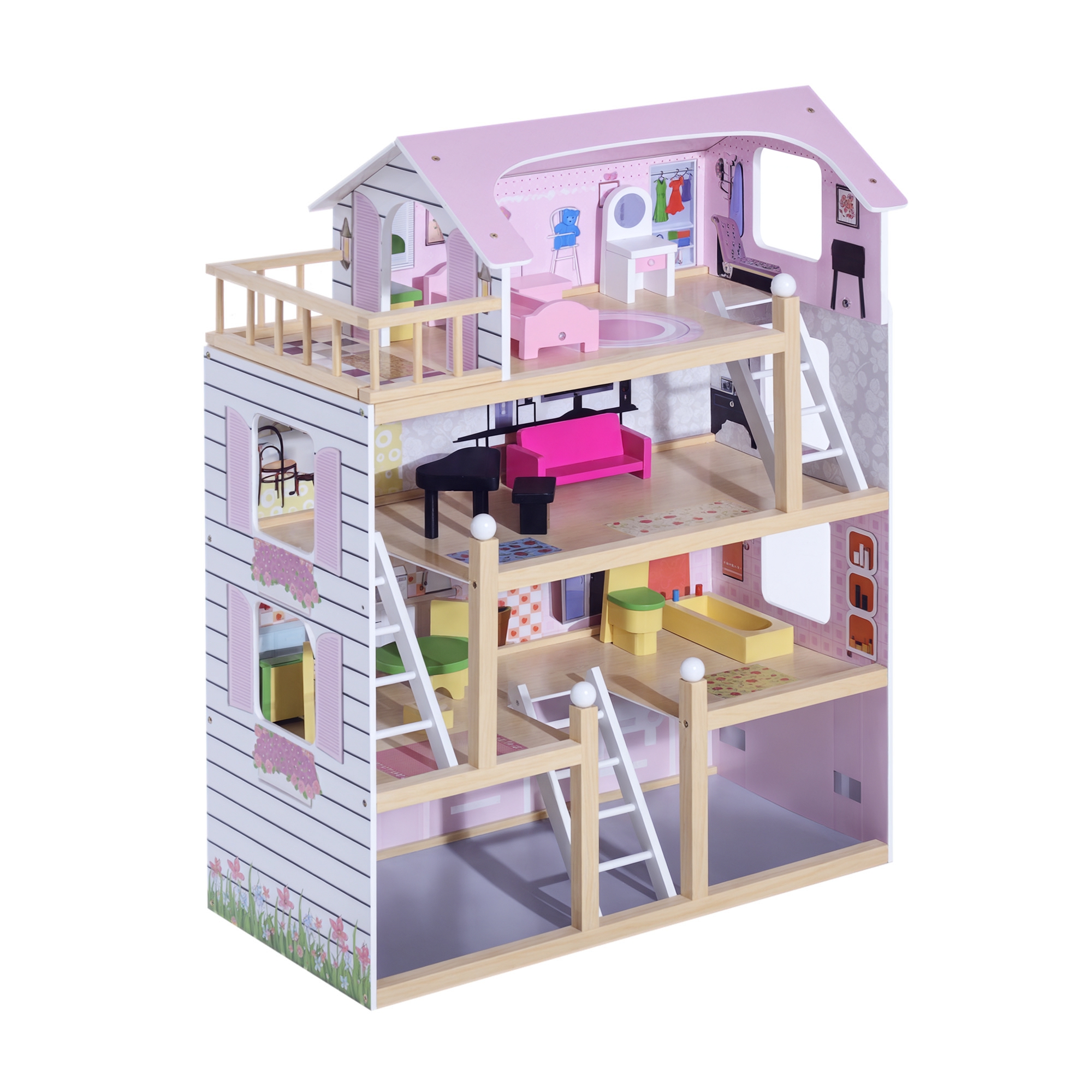HOMCOM Puppenhaus Puppenstube aus Holz für Kinder ab 3 Jahren Dollhouse 4 Etagen mit Möbel und Zubehör Spielzeug 60 x 30 x 80 cm   Aosom