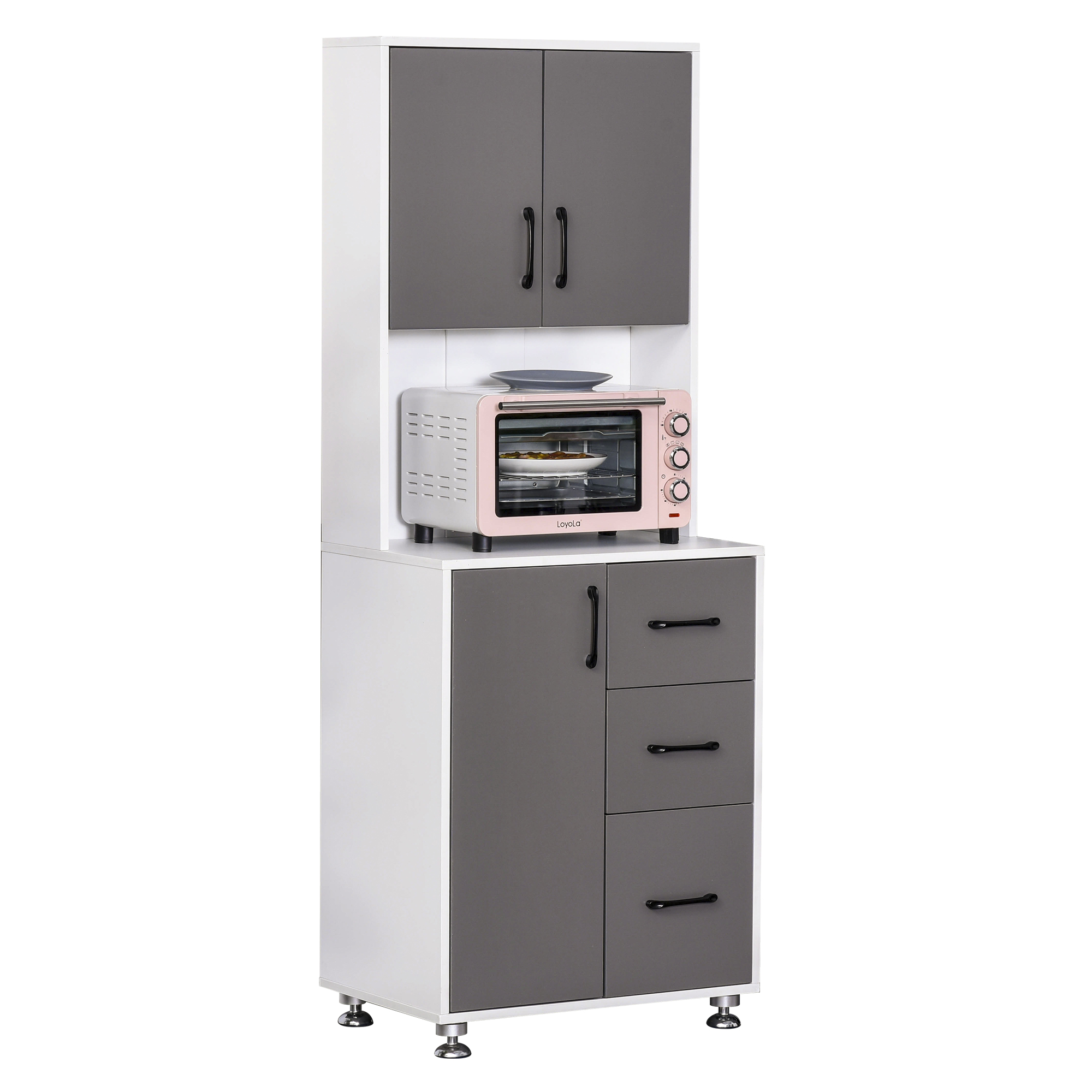 HOMCOM Küchenschrank Hochschrank mit 2 Türen und 3 Schubladen, Mikrowellenregal Küchenbuffet, Aufbewahrungsschrank aus Spanplatte und Stahl, Grau und Weiß 60x40x160 cm   Aosom.de