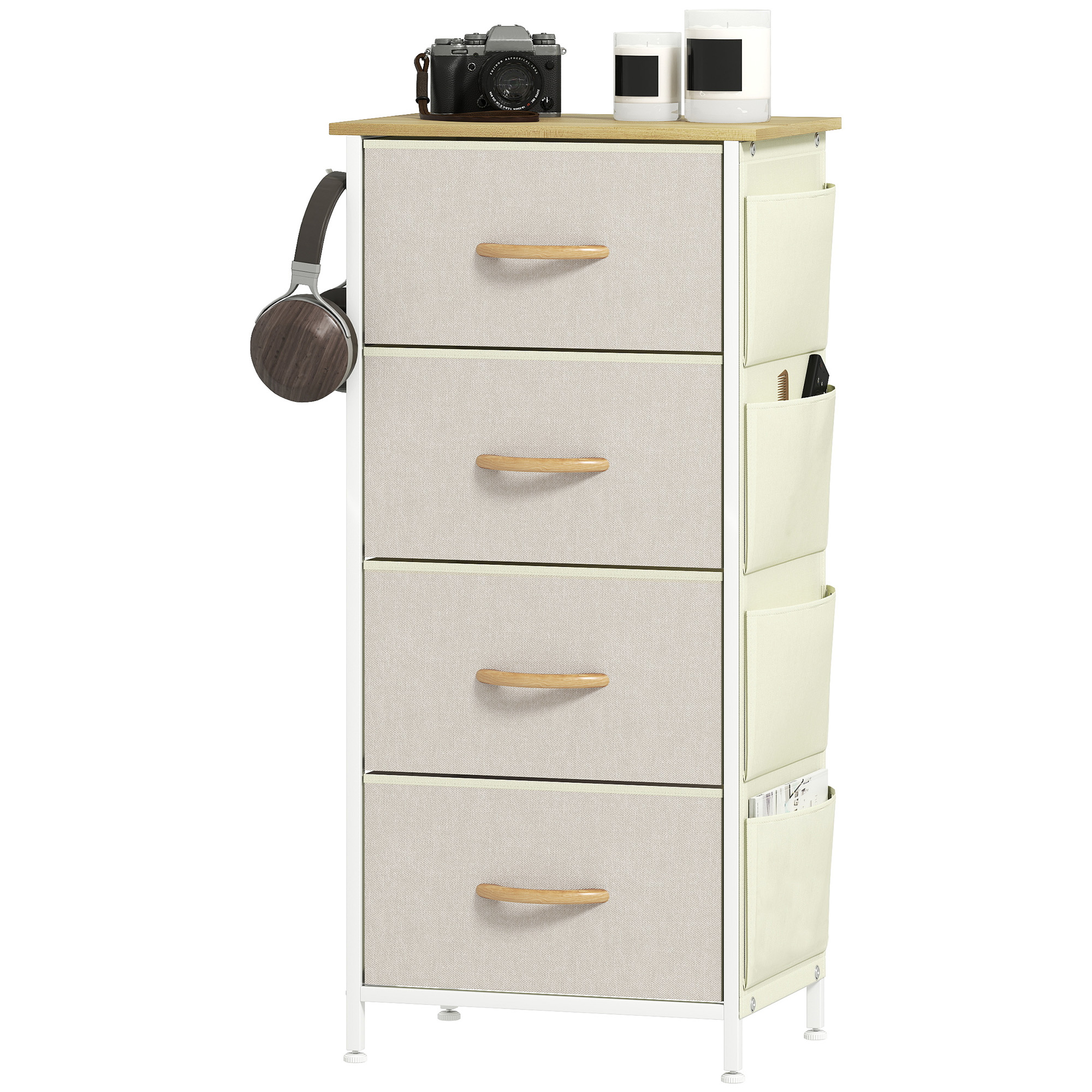 HOMCOM Schubladenschrank aus Stoff mit 4 faltbaren Schubladen, 4 Taschen und 2 Haken, Schlafzimmer Schubladenschrank aus Stahl und Stoff, 45x30x94,5 cm, Beige Aosom