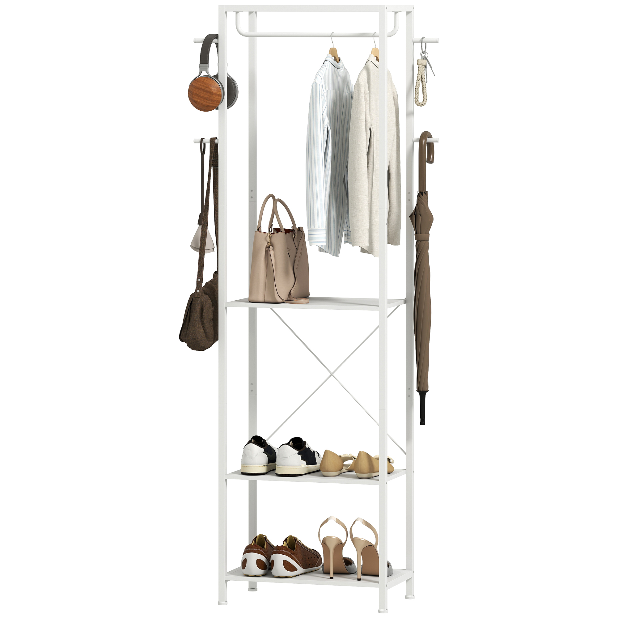 HOMCOM Garderobenständer, Kleiderständer, Eingangsmöbel mit Hängestange, 4 Haken, 2-stöckigen Schuhregalen und offenen Aufbewahrungsregalen, 52 x 30 x 180 cm, weiß   Aosom