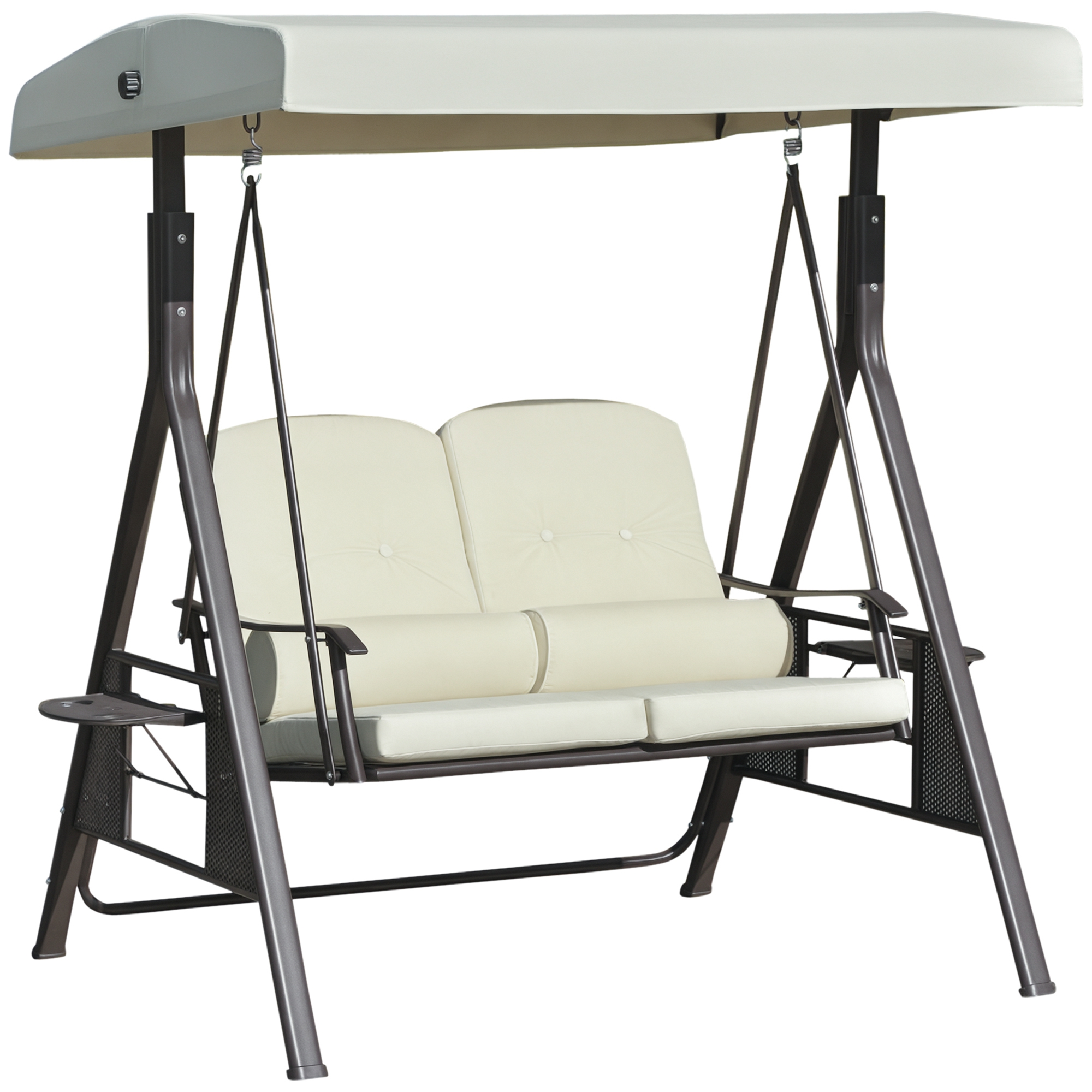 Outsunny 2-Sitzer Hollywoodschaukel Gartenschaukel mit Sonnendach, Kissen & Tablett, Metallrahmen, Polyesterbezug, Beige, 162x118x173cm   Aosom.de