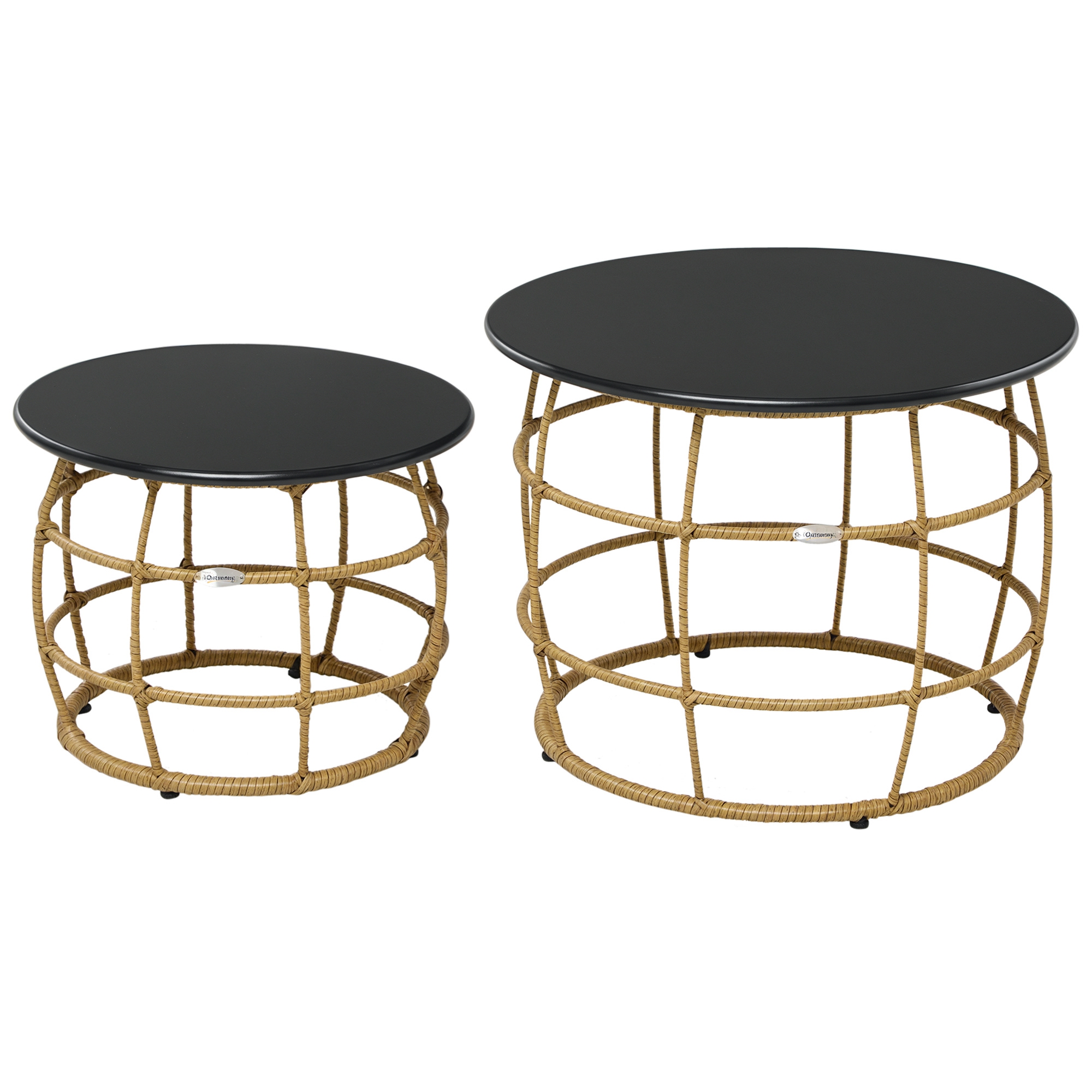 Outsunny Beistelltisch 2er-Set Kaffeetisch handgeflochten mit Tischplatte für Garten Balkon Ø46 Ø60 cm Sand Aosom.de