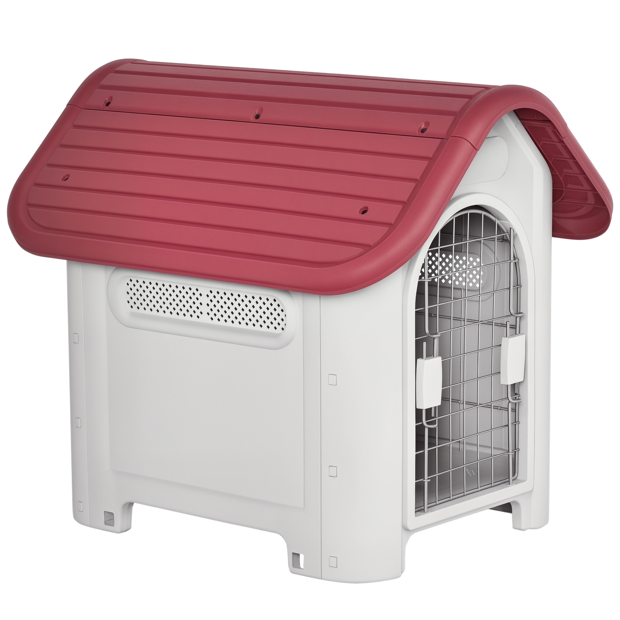 PawHut Hundehütte Outdoor, Hundehaus mit Dachluke, Tor, Unterschlupf für kleine Hunde, Kleintierstall, Luftzirkulation, wasserdicht, Rot Aosom