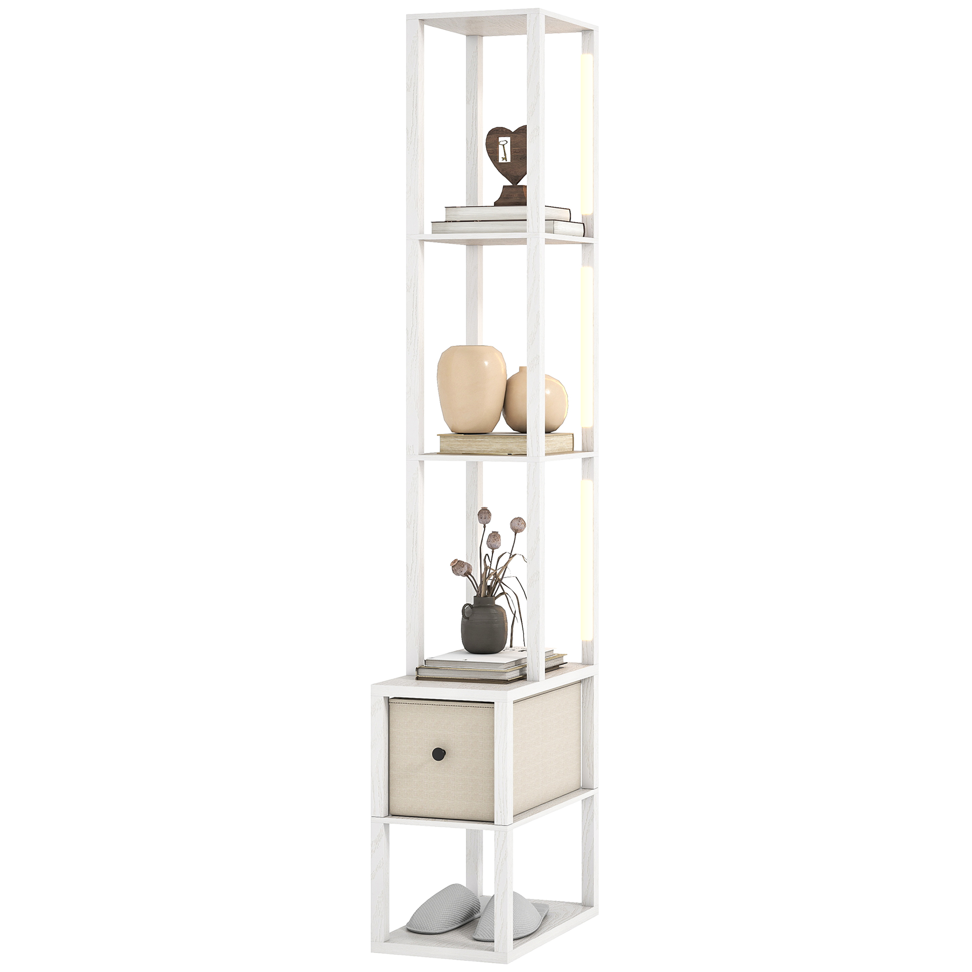 HOMCOM Stehlampe Modern 169 cm mit Offenen Regalen Stehlampe für Wohnzimmer mit Stoffschublade und Fußschalter für Schlafzimmer Büro Wohnzimmer Weiß Aosom