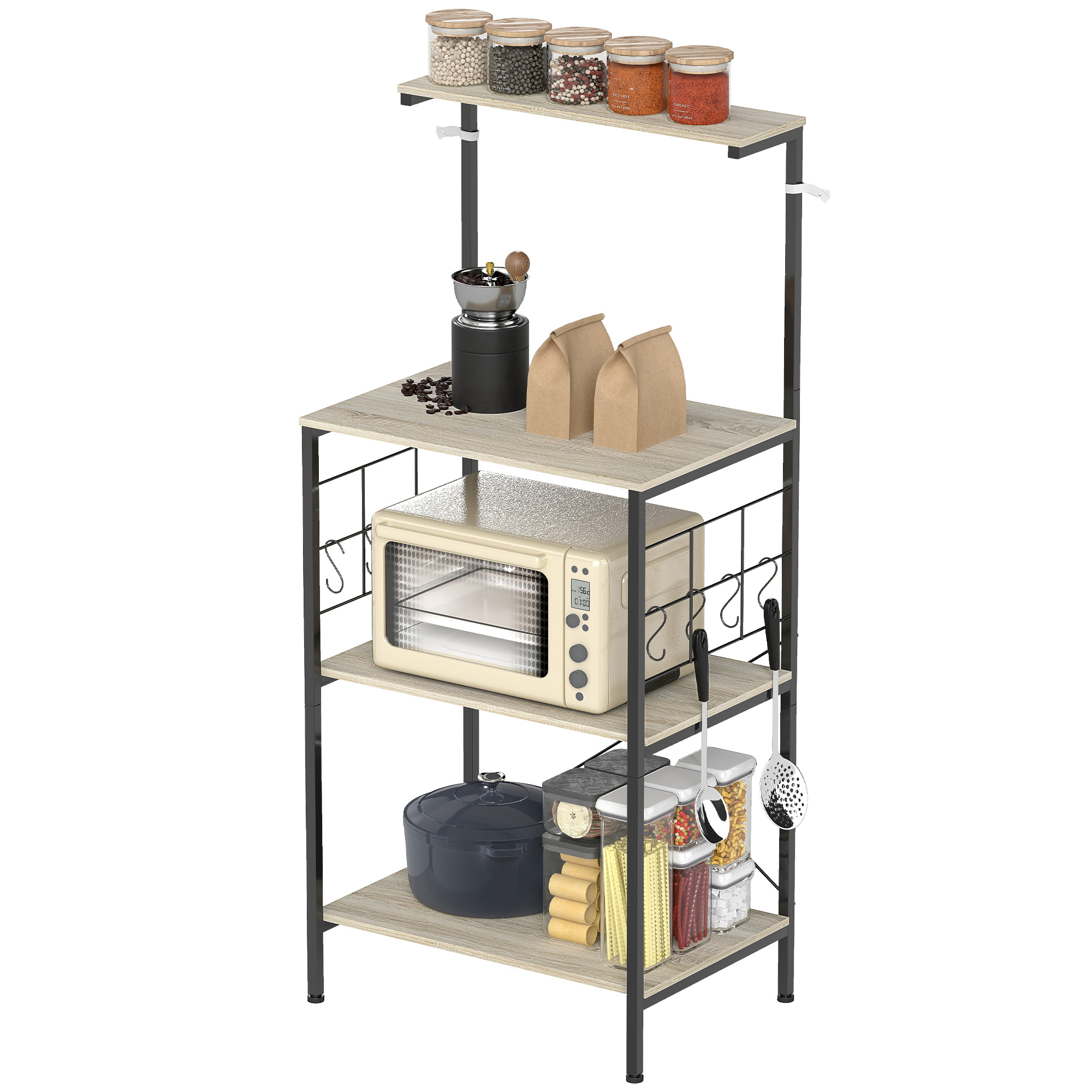 HOMCOM Küchenregal mit 4 Ebenen, Mikrowellenhalter mit Gitterpaneelen und 8 Haken, Küchenschrank im Industriestil, 60x42x134,5 cm, Eiche   Aosom