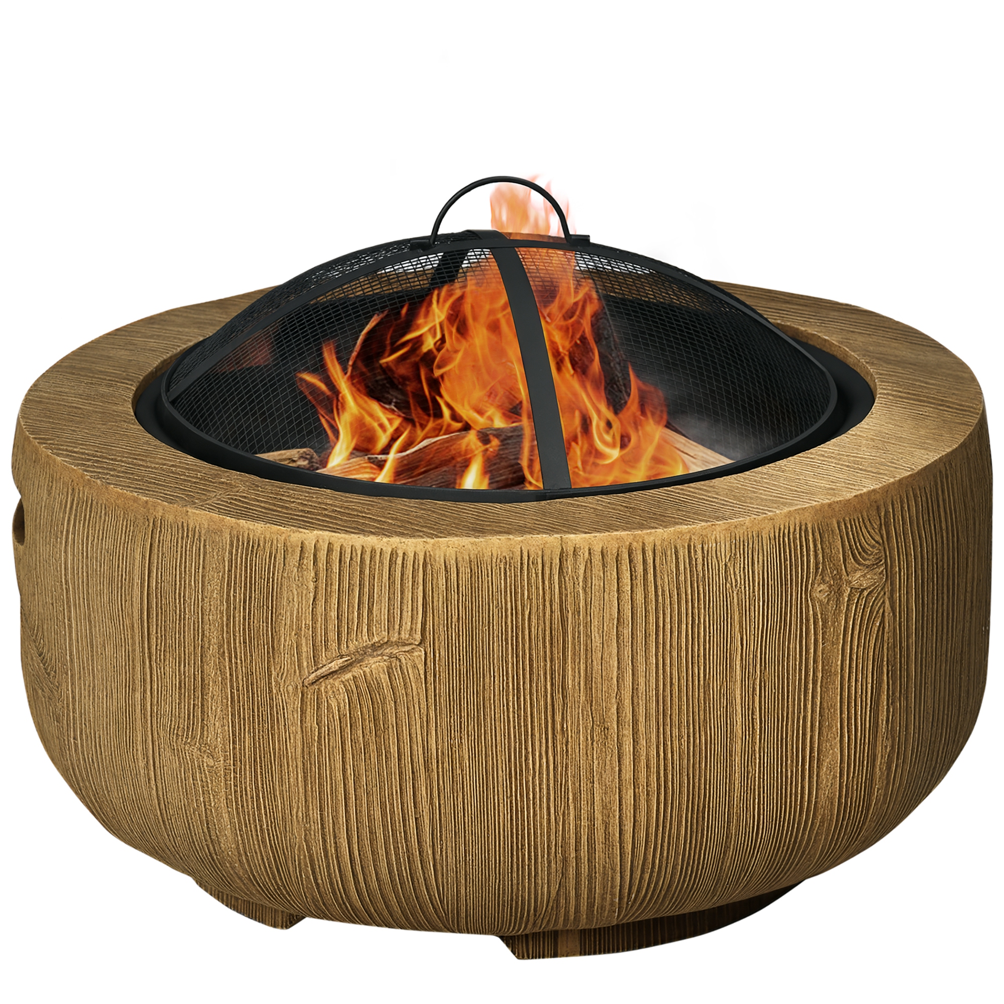 Outsunny Feuerschale Feuerstelle mit Deckel und Schürhaken im Baumstumpf-Design für Garten Camping Terrasse aus Stahl MgO Braun   Aosom.de