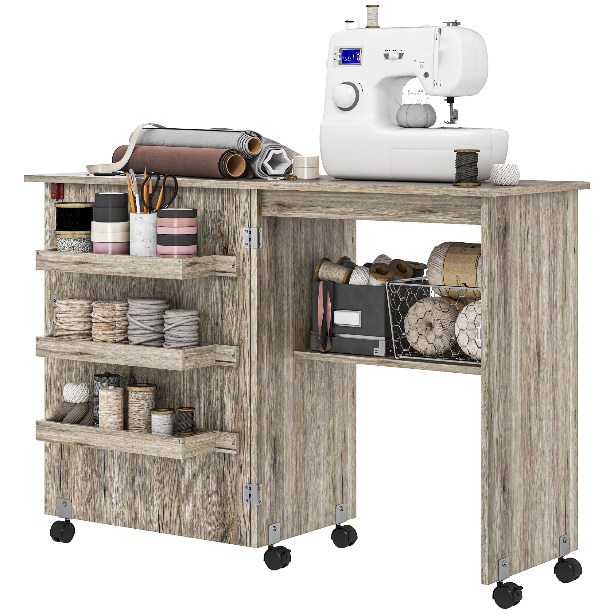 HOMCOM Klappbarer Nähtisch Nähschrank mit Aufbewahrungsbehältern, offenem Regal und Rollen, Nähtisch für Nähmaschine, für Wohnzimmer, Büro, 117 x 40 x 77,5 cm, graue Holzoptik Aosom