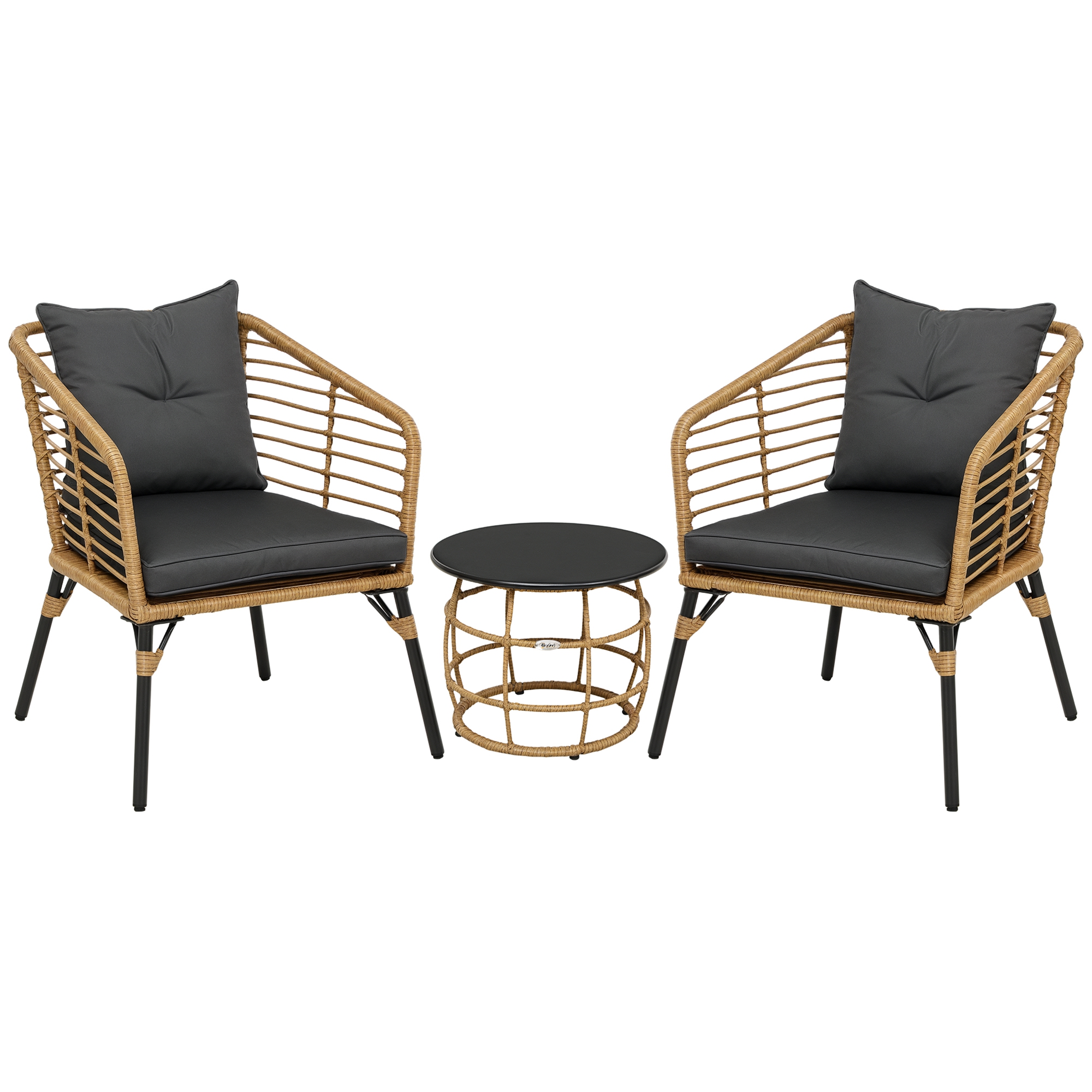 Outsunny Rattan Gartenmöbel-Set, 3-TLG. Sitzgruppe, inkl. Couchtisch und 2 Stühle, Bistro-Set mit Kissen, Balkonmöbel, Sand+Dunkelgrau Aosom