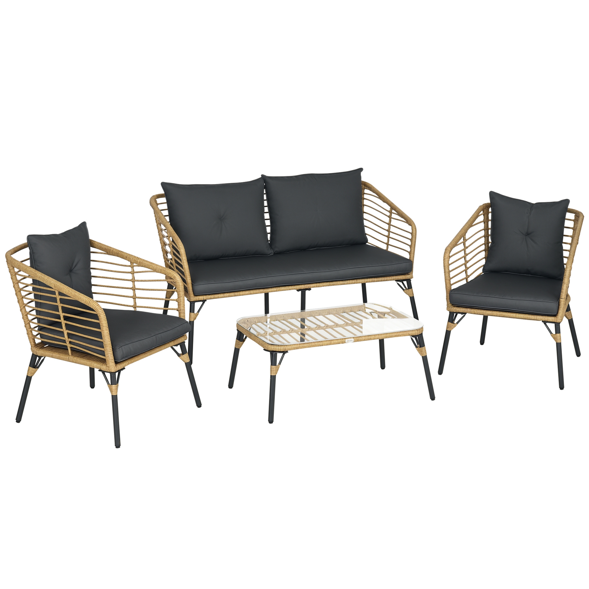 Outsunny 4 tlg Gartenmöbel-Set Rattan Sitzgarnitur mit Kissen 3 Sessel 1 Couchtisch Balkonmöbel im Boho-Stil für 4 Personen Sand Dunkelgrau   Aosom.de
