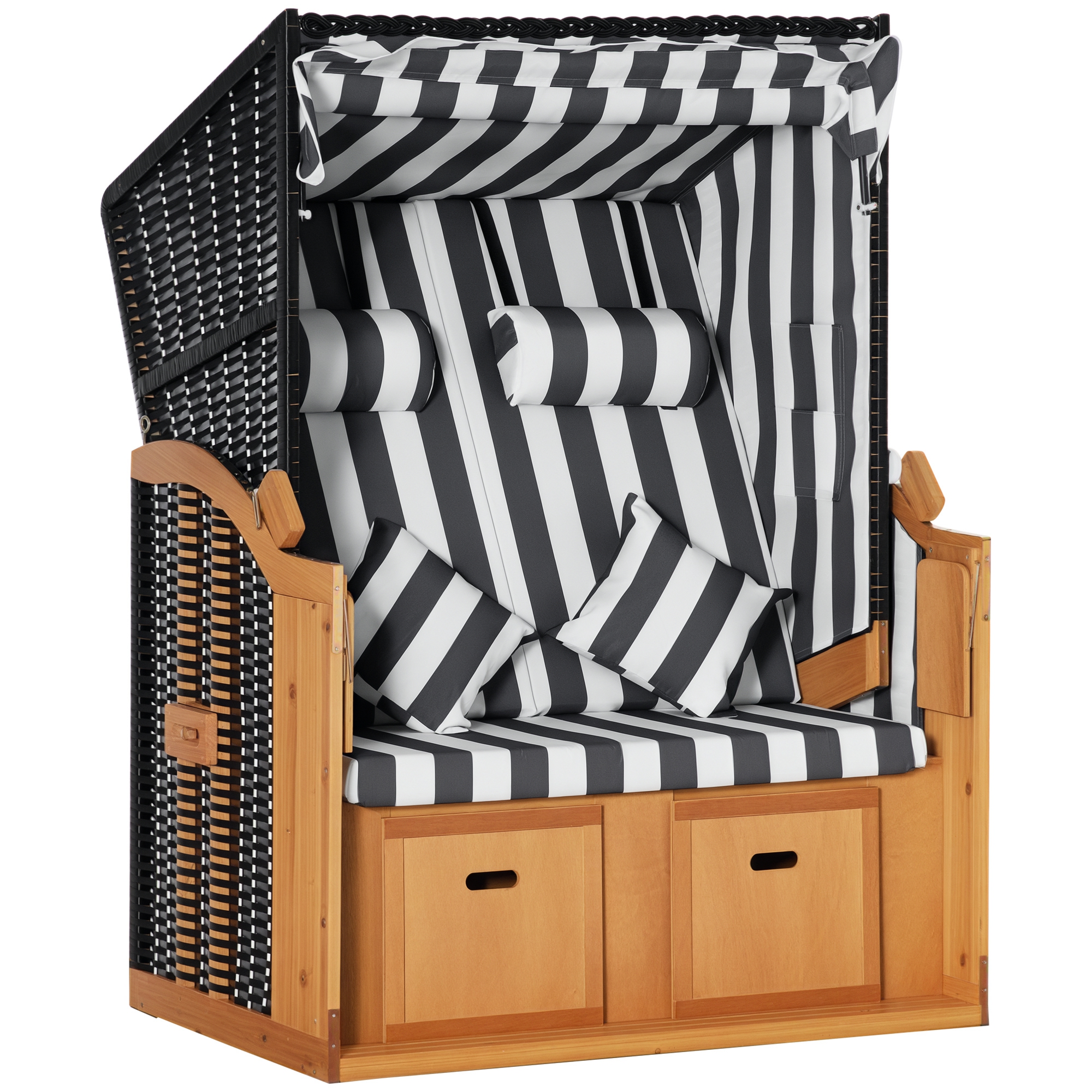 Outsunny Strandkorb Doppelliege mit Dach & Getränkehalter, 5-Stufen Rückenlehne, PE-Rattan Grau Weiß, 118x79x160cm für Garten & Terrasse Aosom.de