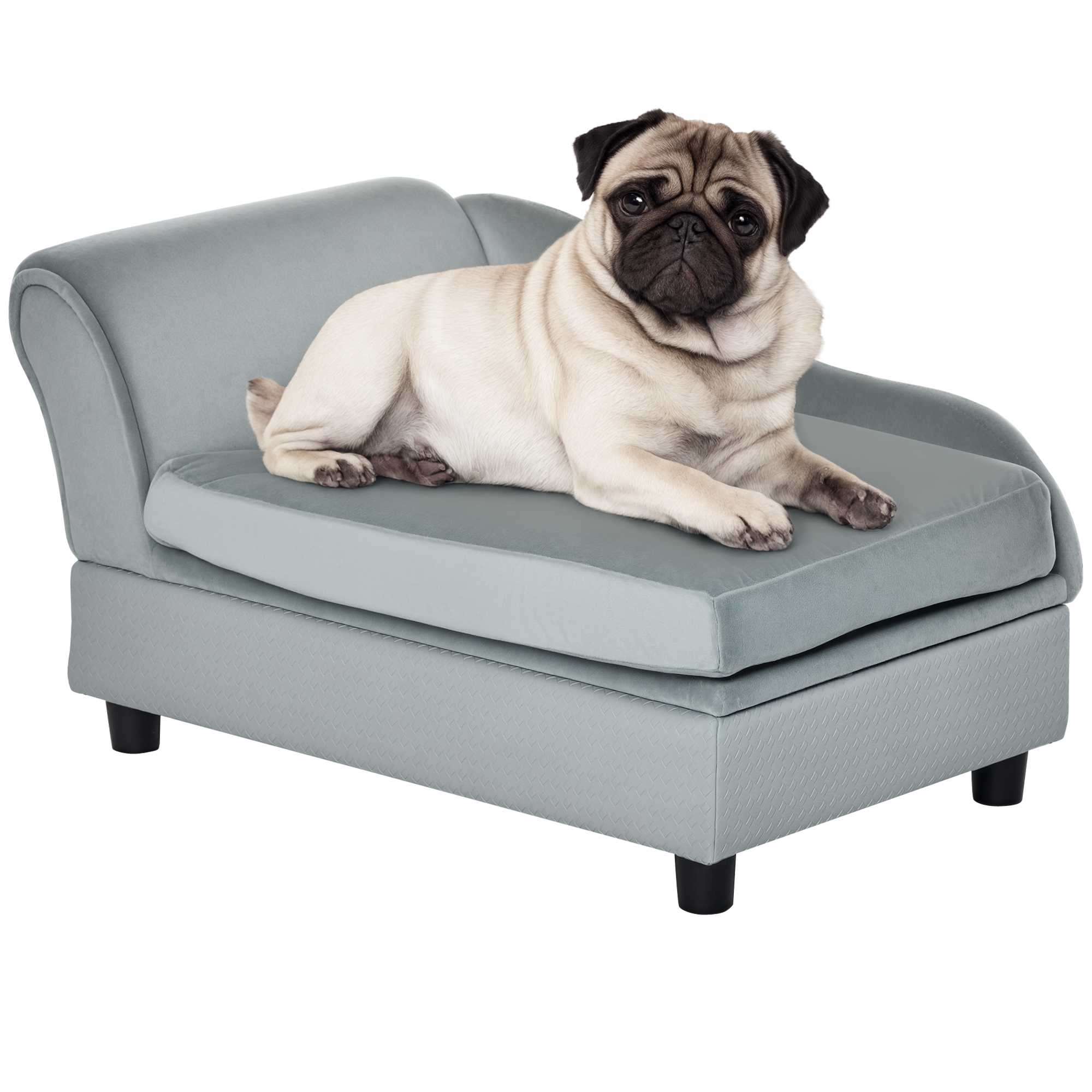 PawHut Hundebett Sofa 76x45x41,5cm mit Stauraum und hoher Rückenlehne, belastbar bis 15 kg, Plüsch und Naturholz, hellblau für kleine Hunde   Aosom.de