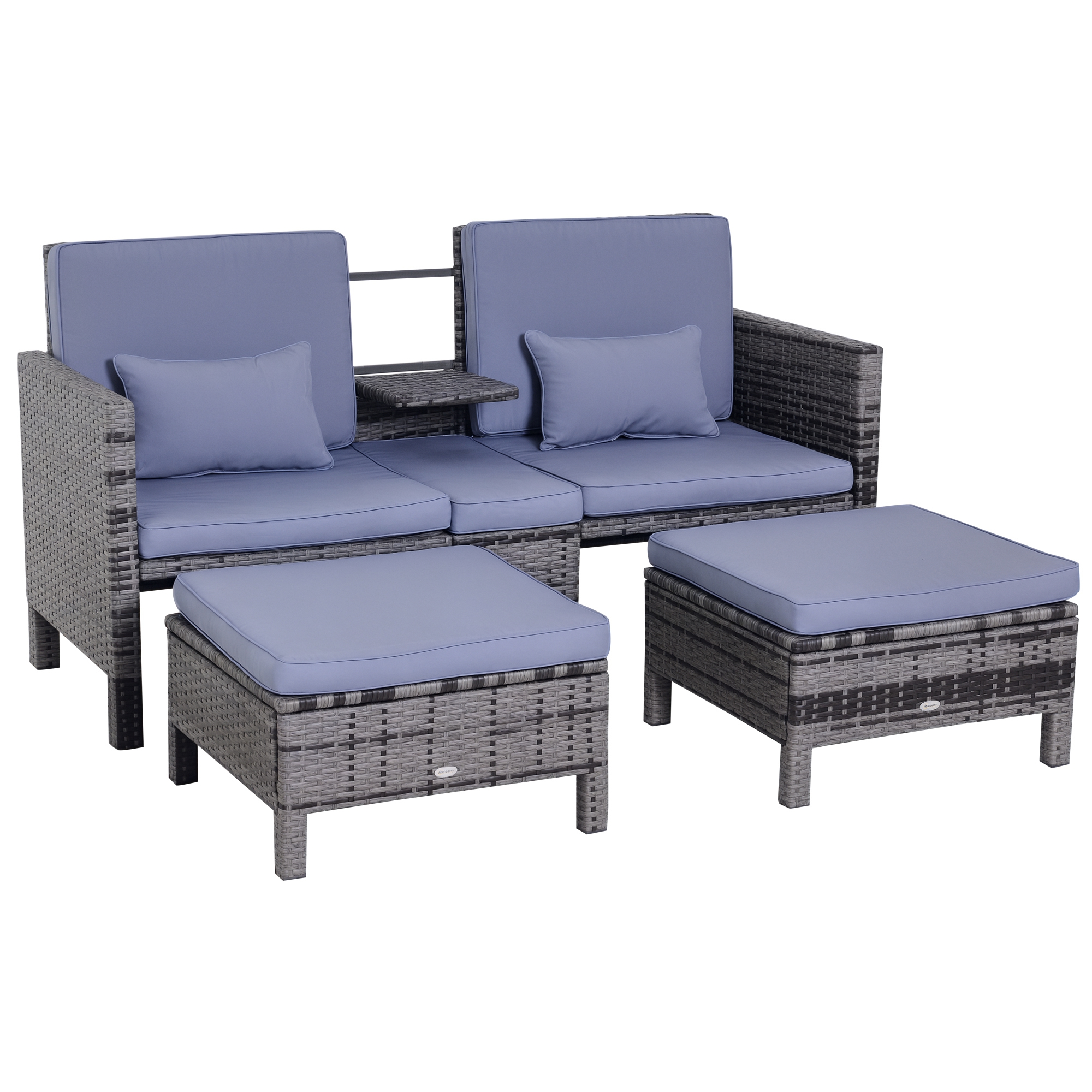 Outsunny 3-tlg. Gartensofa Gartenmöbel Lounge Gartenset Sitzgruppe Rattenmöbel Grau Polyrattan + Metall 2er-Sofa 2 x Hocker Kissen Aosom