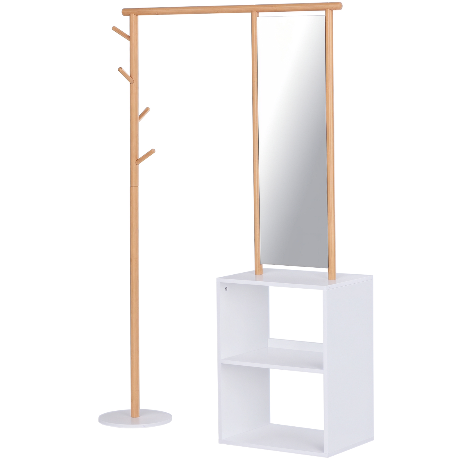 HOMCOM Garderobenständer mit Schminkspiegel, Kleiderständer mit Regal, 4 Haken, Bambus, Natur, 100 x 34 x 164 cm Aosom
