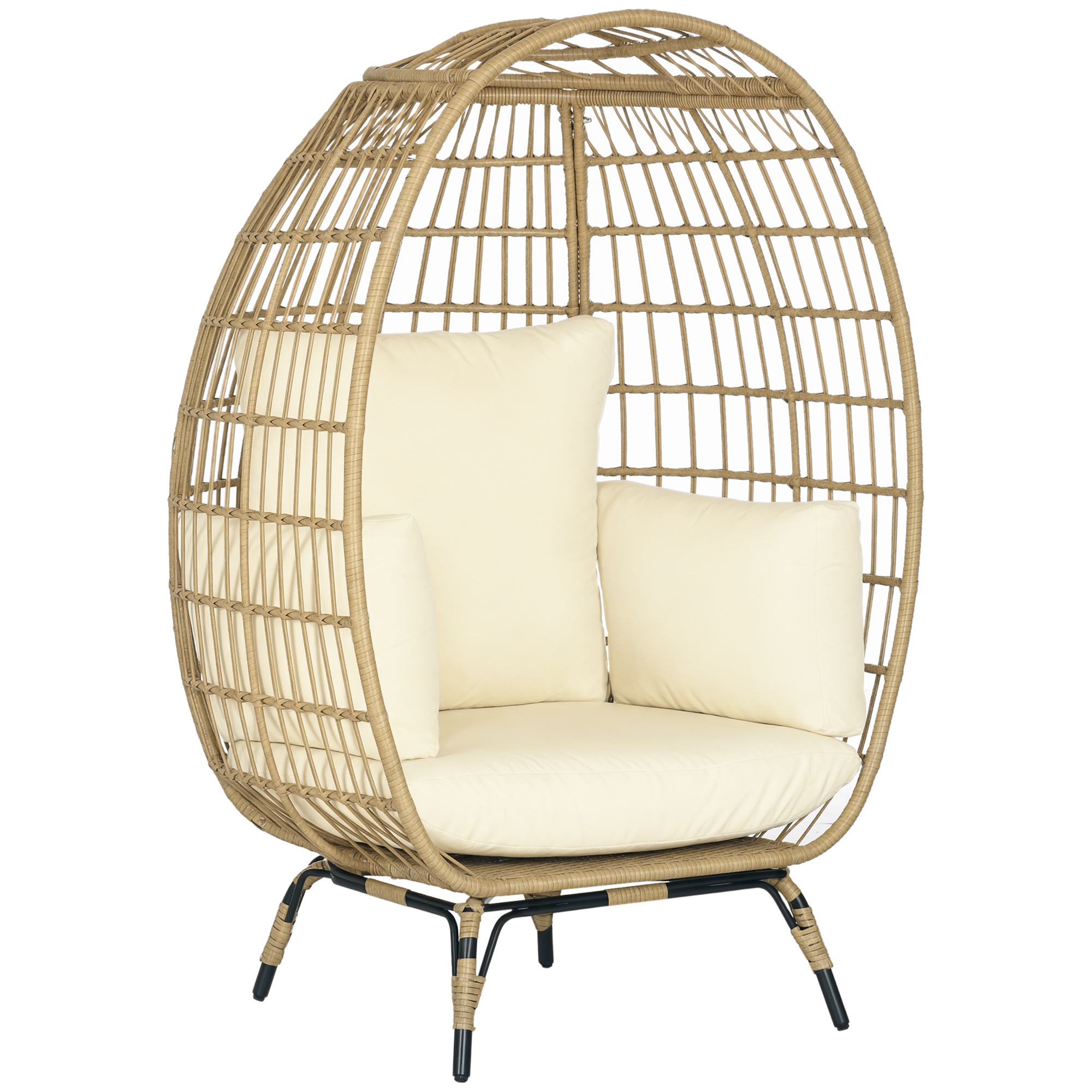 Outsunny Rattansessel Korbform mit Sitzkissen erhöhter Gartensessel für Balkon Terrasse Metall Khaki 105 x 97 x 150 cm   Aosom.de