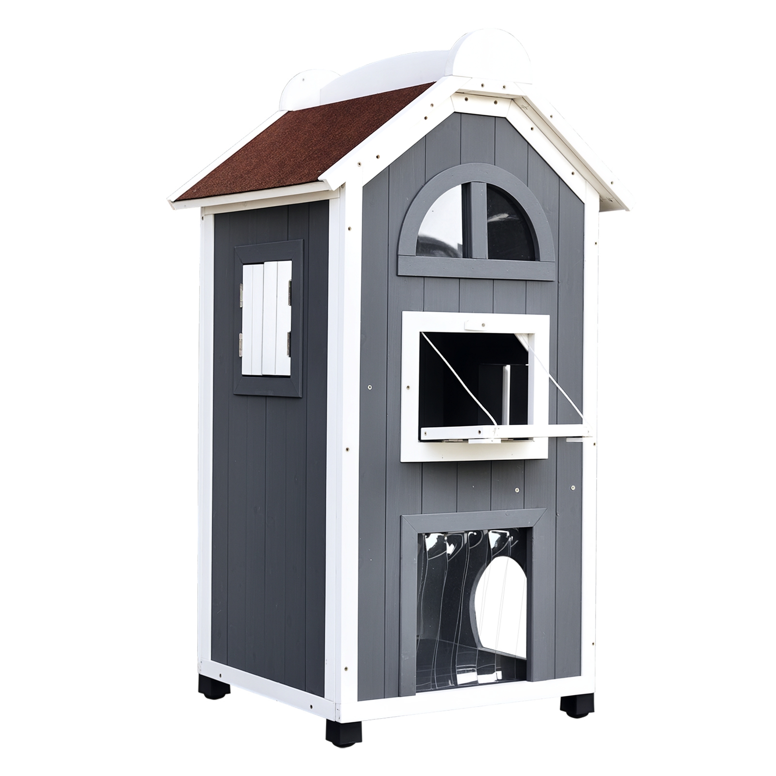 PawHut Katzenhaus für Katzenbett oder Katzentoilette Vielseitiger Katzenschrank, Tannenholz, Asphaltdach, Grau, 59x55x109cm Aosom