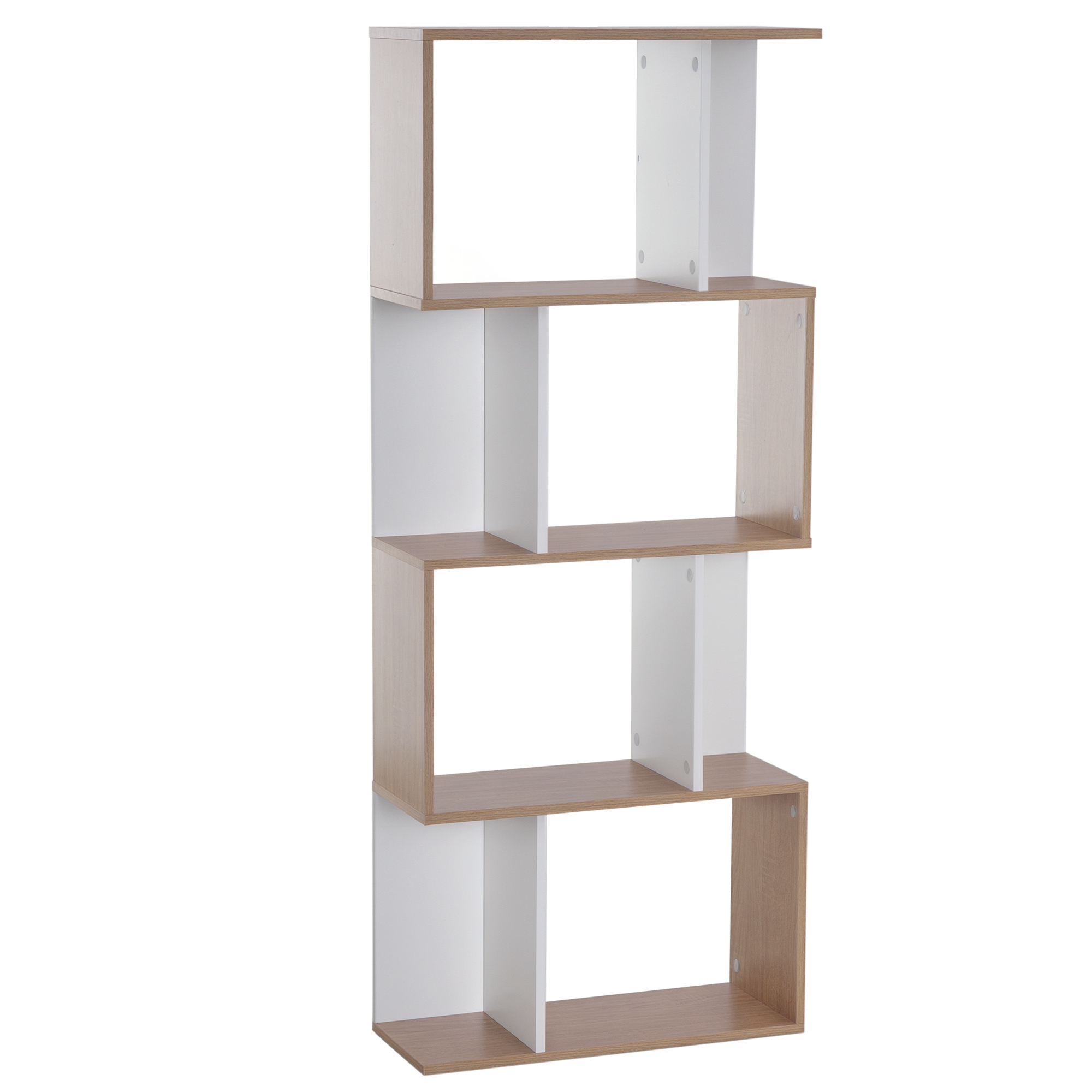 HOMCOM  Bücherregal S-förmiges Standregal Lagerregal 4-stufige Vitrine mit Hardware-Schnalle moderner Raumteiler Spanplatte Naturholz+Weiß    Aosom