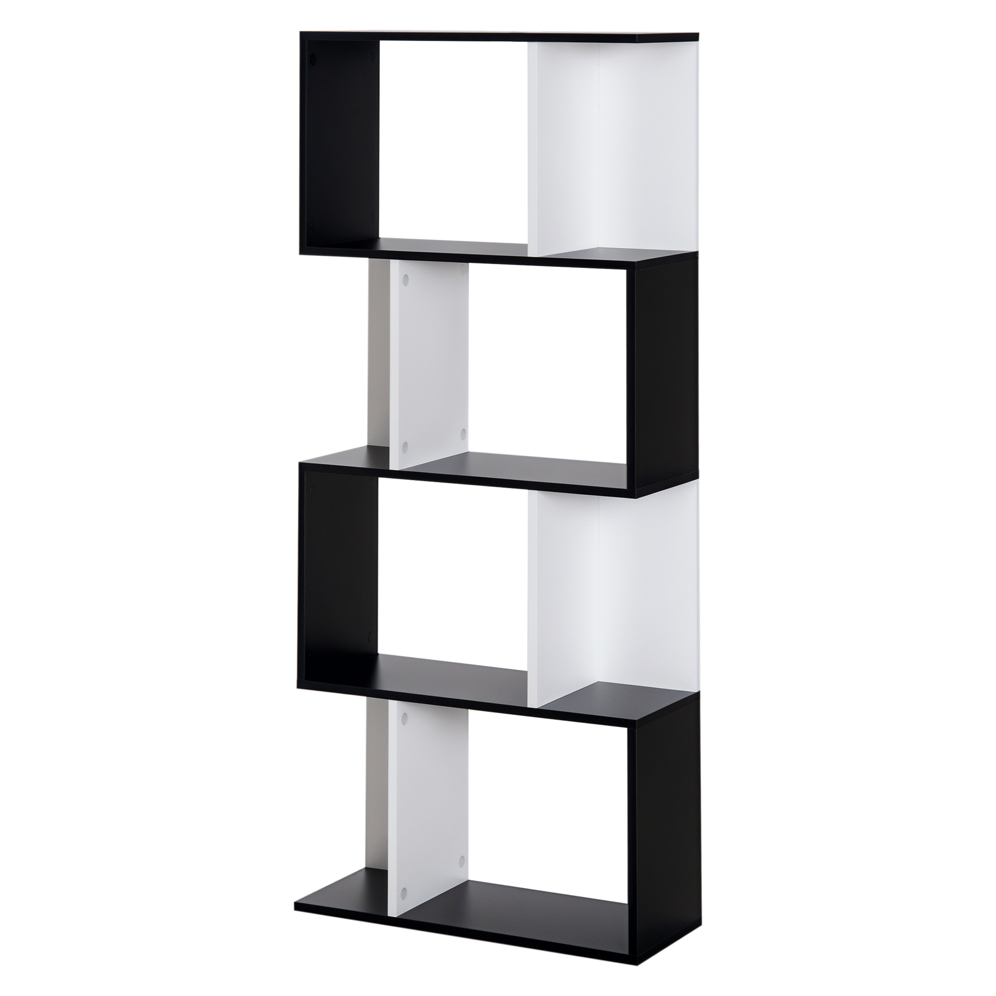 HOMCOM  Bücherregal S-förmiges Standregal Lagerregal 4-stufige Vitrine mit Hardware-Schnalle moderner Raumteiler Spanplatte Schwarz+Weiß   Aosom