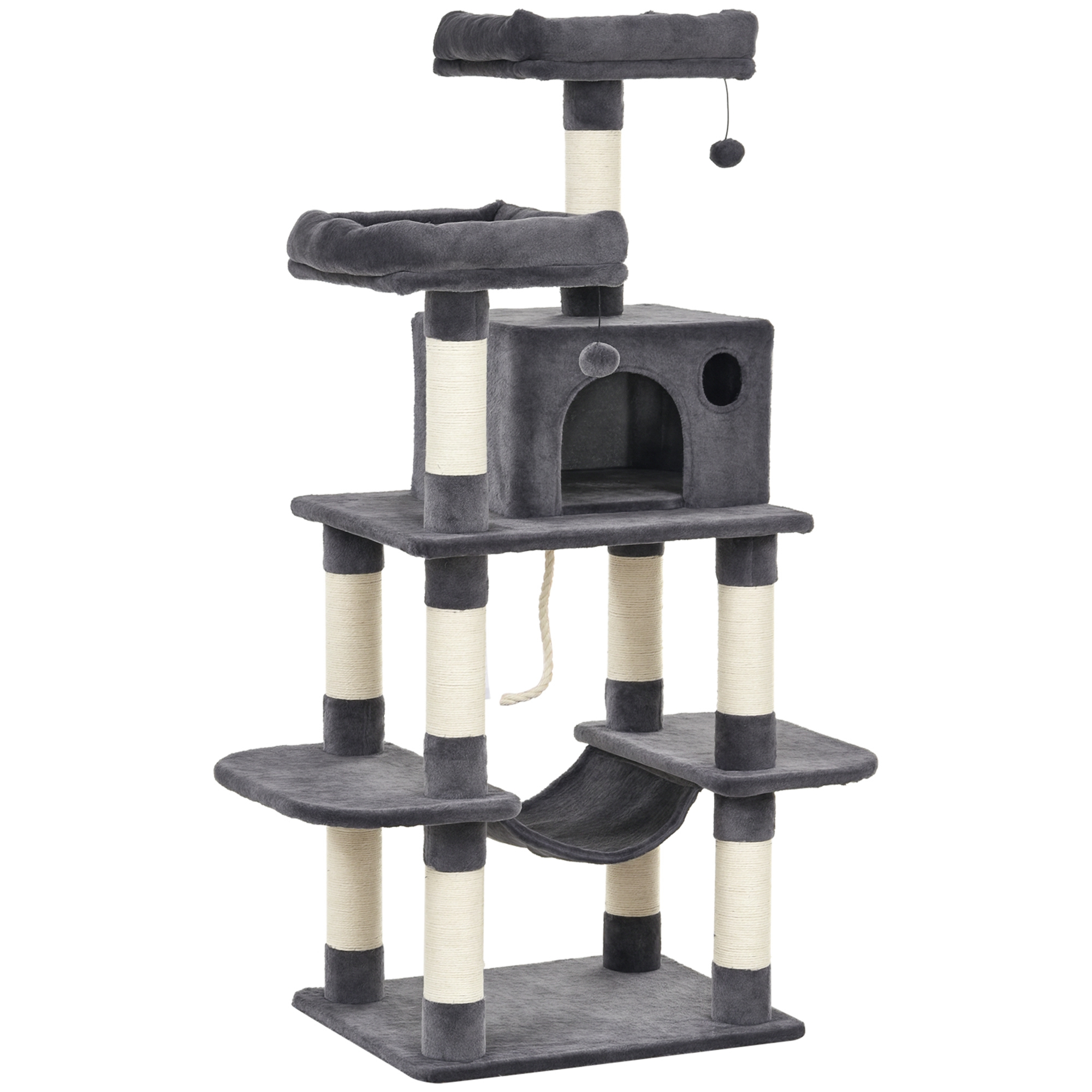 PawHut Kratzbaum Katzenbaum 144H cm mit Wandgurt, Luxus Kletterbaum mit Hängematte, Katzenhaus in Dunkelgrau Aosom.de