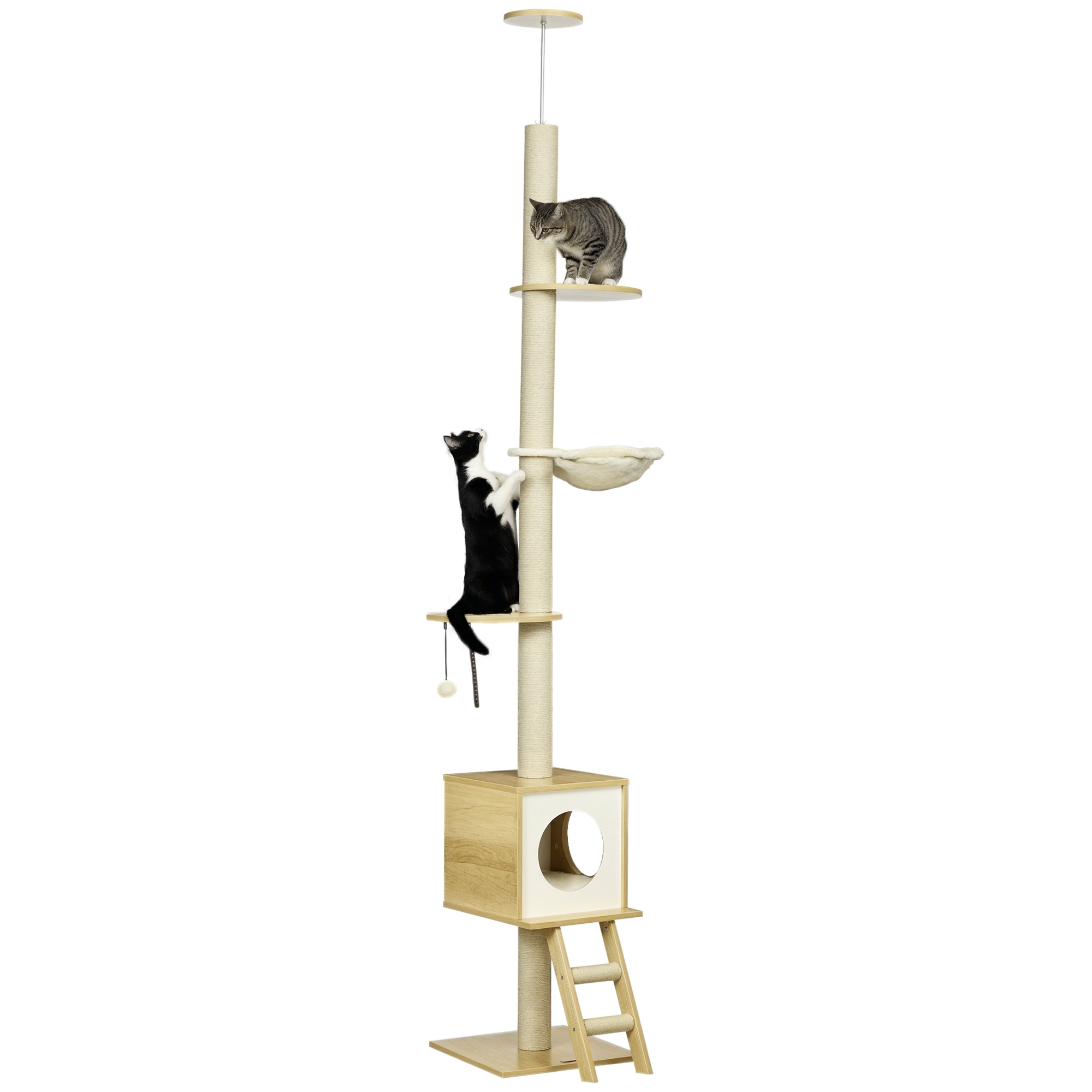 PawHut Kratzbaum deckenhoch 240-260 cm mit Katzenhaus und Hängematte in Hellbraun und Beige für aktive Katzen   Aosom.de
