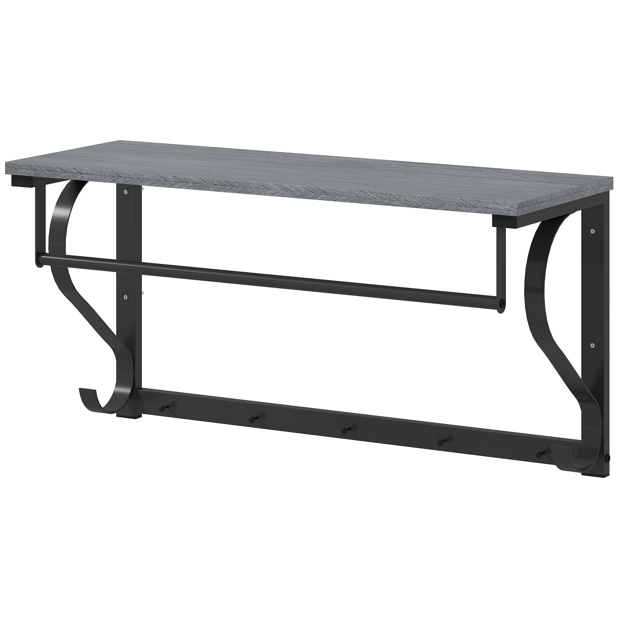 HOMCOM Wandgarderobe mit Ablage Wandregal mit 5 Haken und Stange 70 cm Wandmontierter Garderobenleiste für Flur, Wohnzimmer, Schlafzimmer, Badezimmer Grau   Aosom