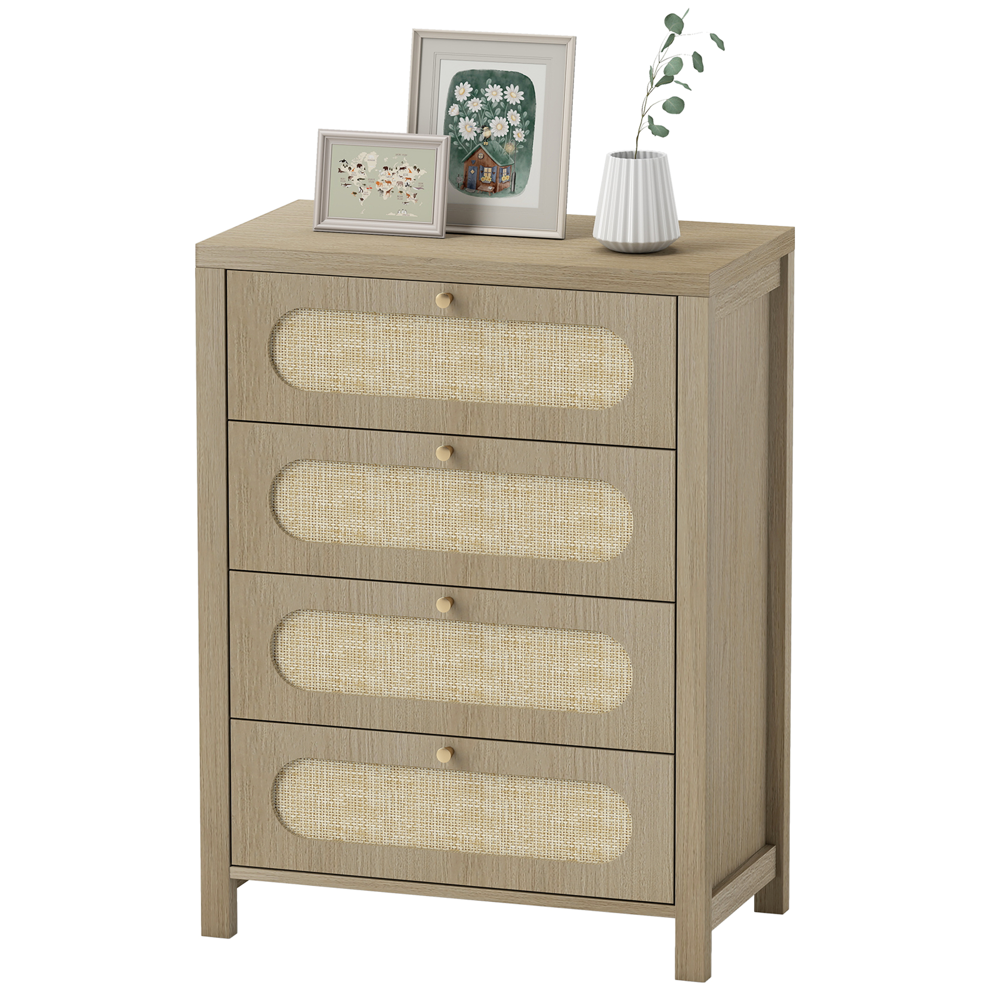 HOMCOM Kommode 4 Schubladen Aufbewahrungsmöbel im Bohème-Stil mit Türen aus geflochtenem Harz, goldenen Griffen, Kommode Schlafzimmer, Wohnzimmer - 70 x 38 x 93 cm, Naturholzoptik Aosom