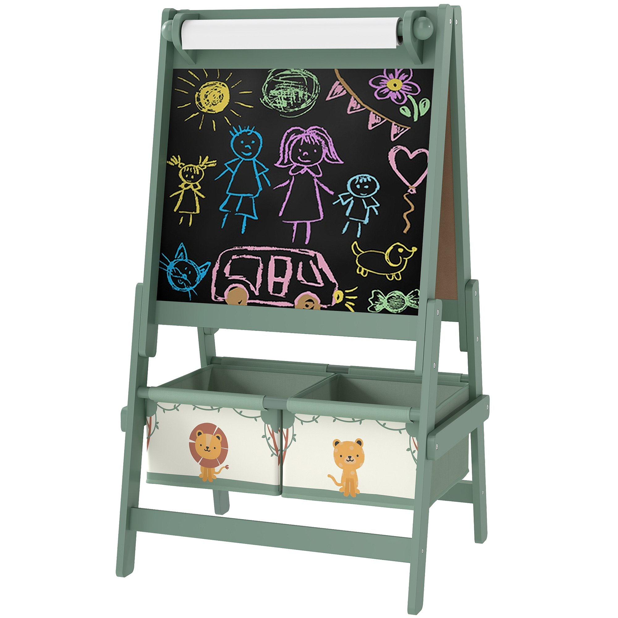 AIYAPLAY Kinder-Malereiständer 3-in-1 Kinder-Malereiständer mit doppelseitiger Tafel Malereiständer für Kinder ab 3 Jahren mit Papierrolle und Aufbewahrungskörben 54x46x94 cm Grün   Aosom